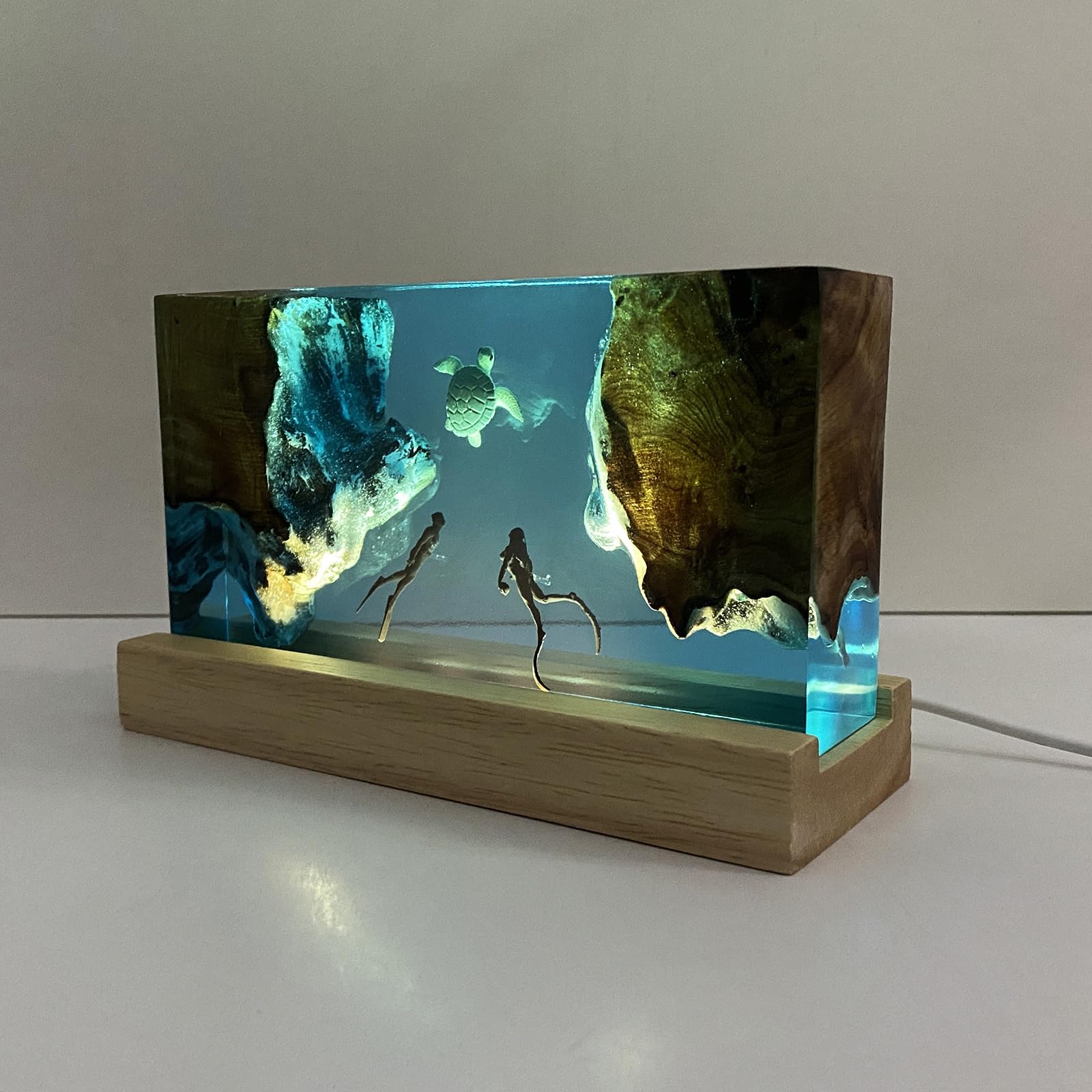 USB powered night light with warm epoxy resin and wood