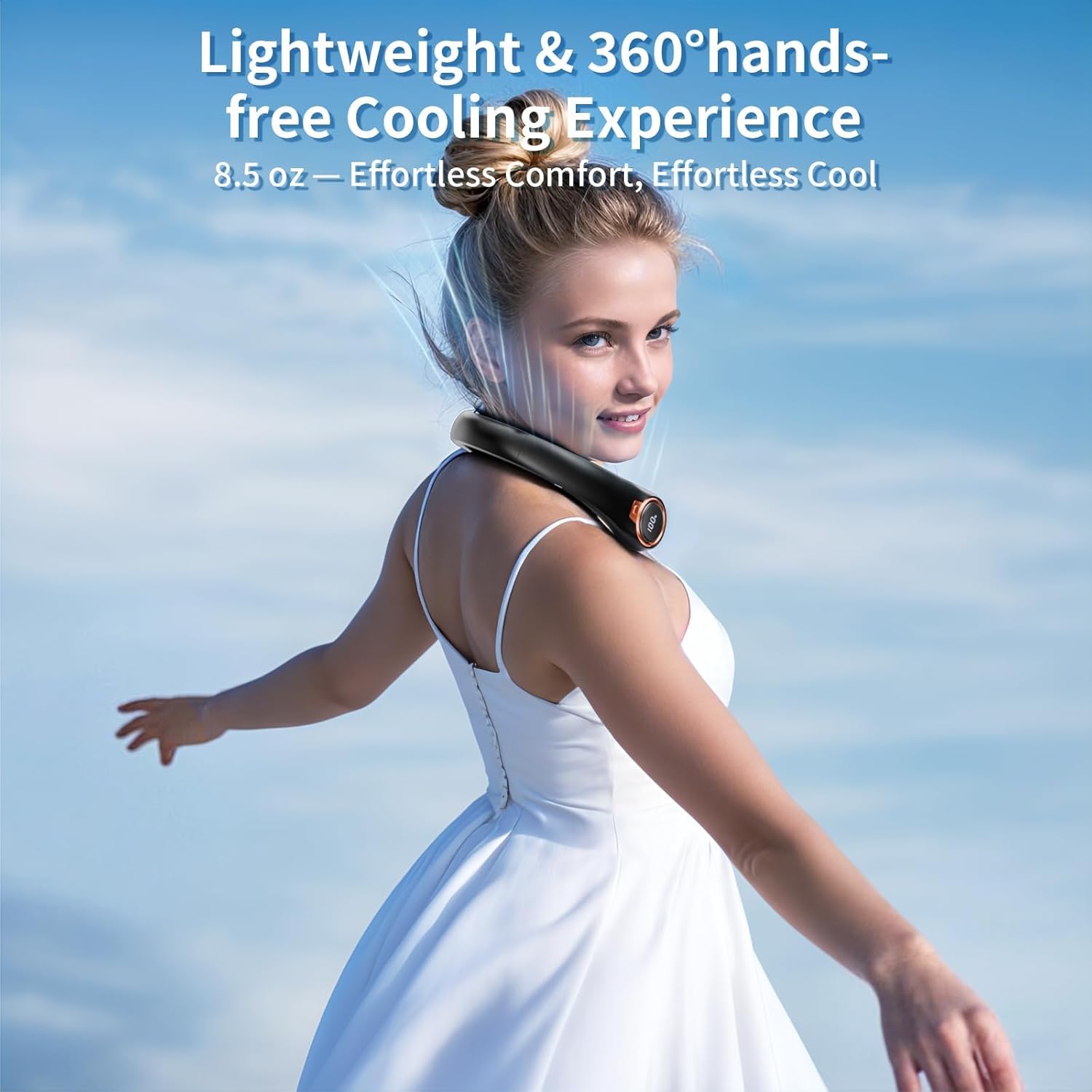 LED display shows speed and battery life on neck fan