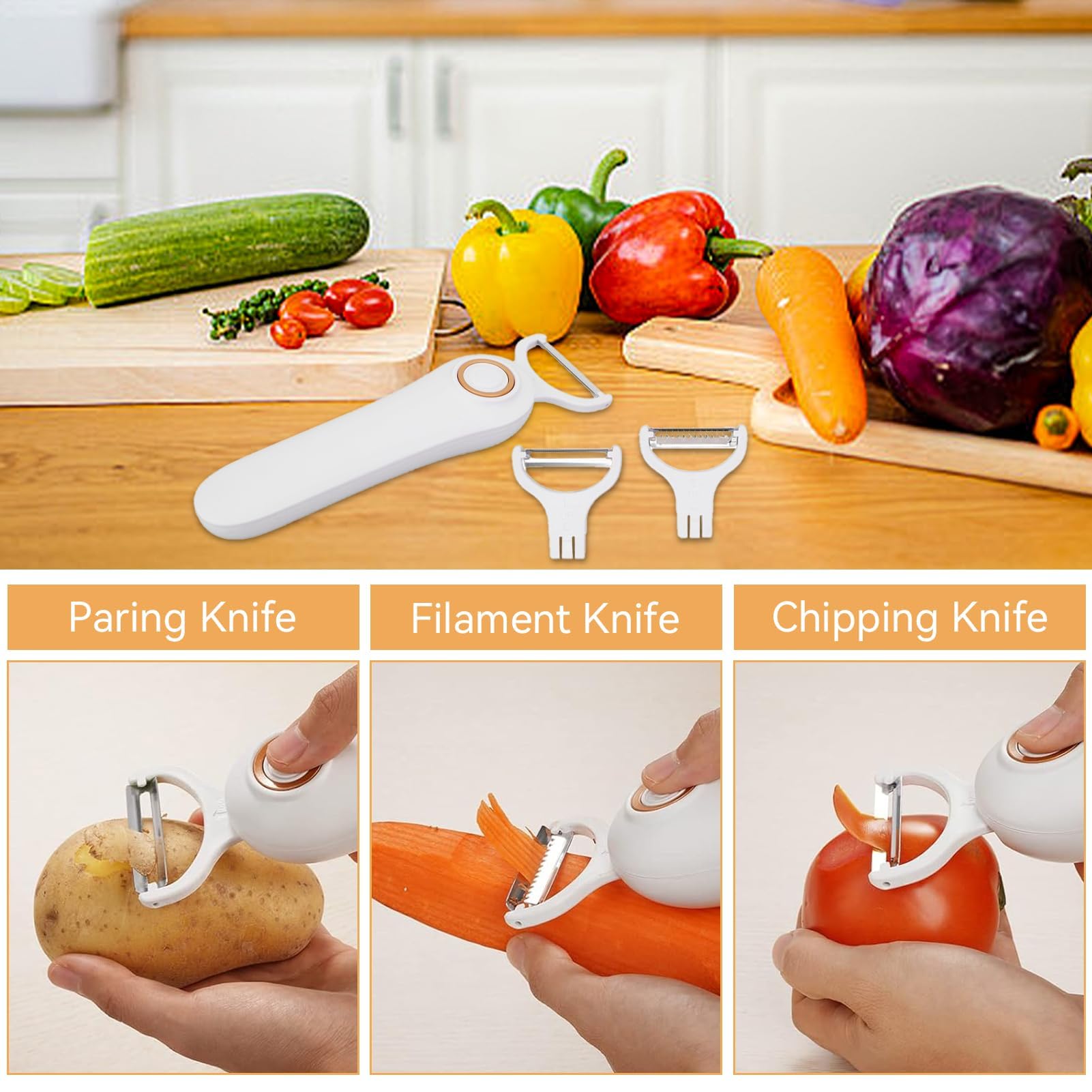 Handheld Vegetable Peeler with 3 interchangeable blade heads