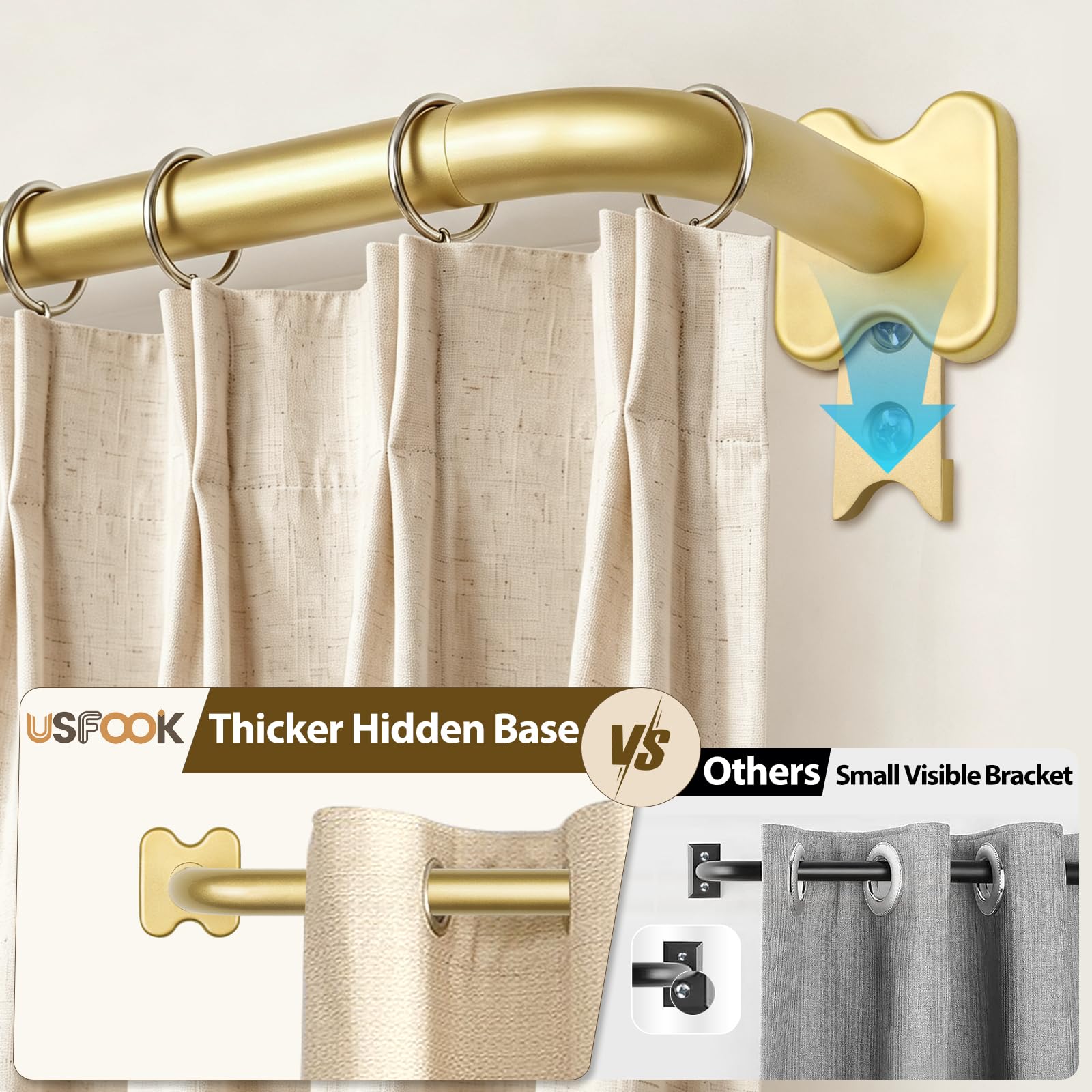 USFOOK 32-86 inch gold curtain rod