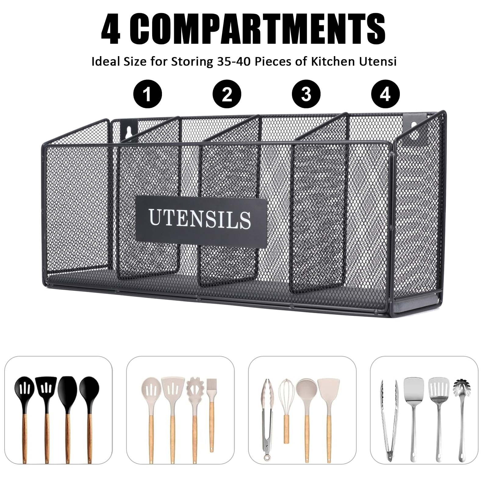 Four compartments utensil organizer for wall mount or countertop