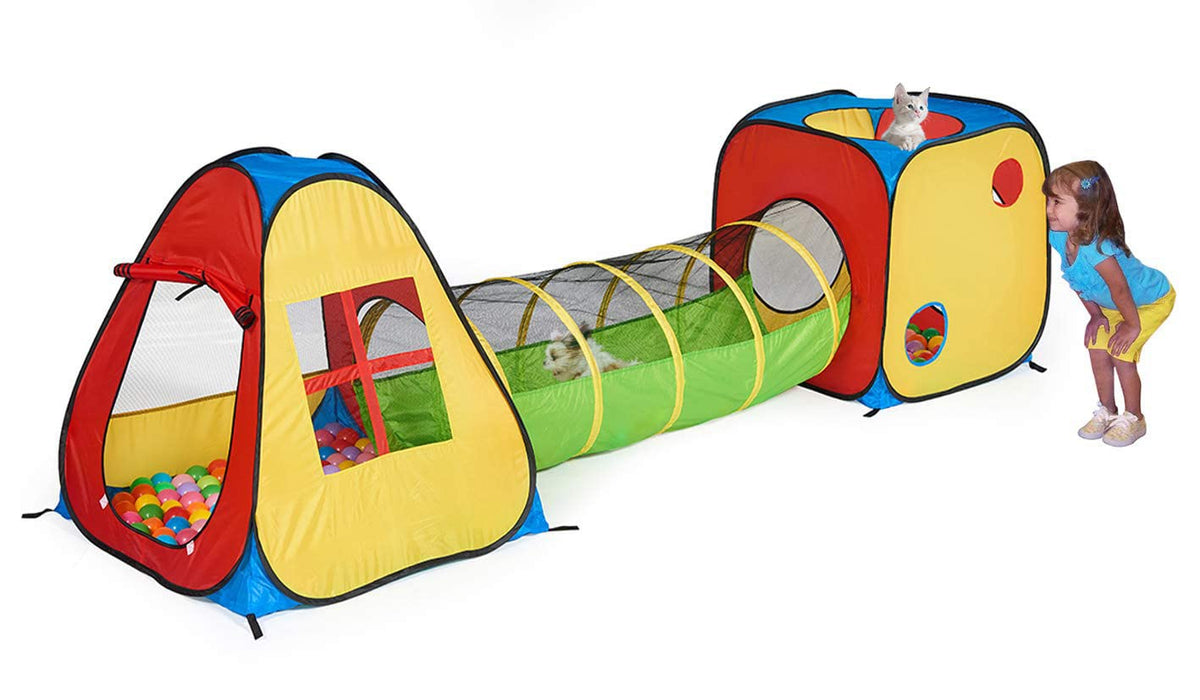 UTEX 3 in 1 pop up play tent with tunnel image showing square tent and teepee sections