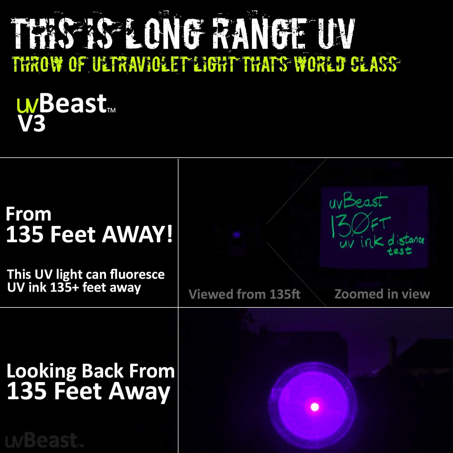 uvBeast V3 385-395nm UV flashlight UV ink fluorescence 135 ft test