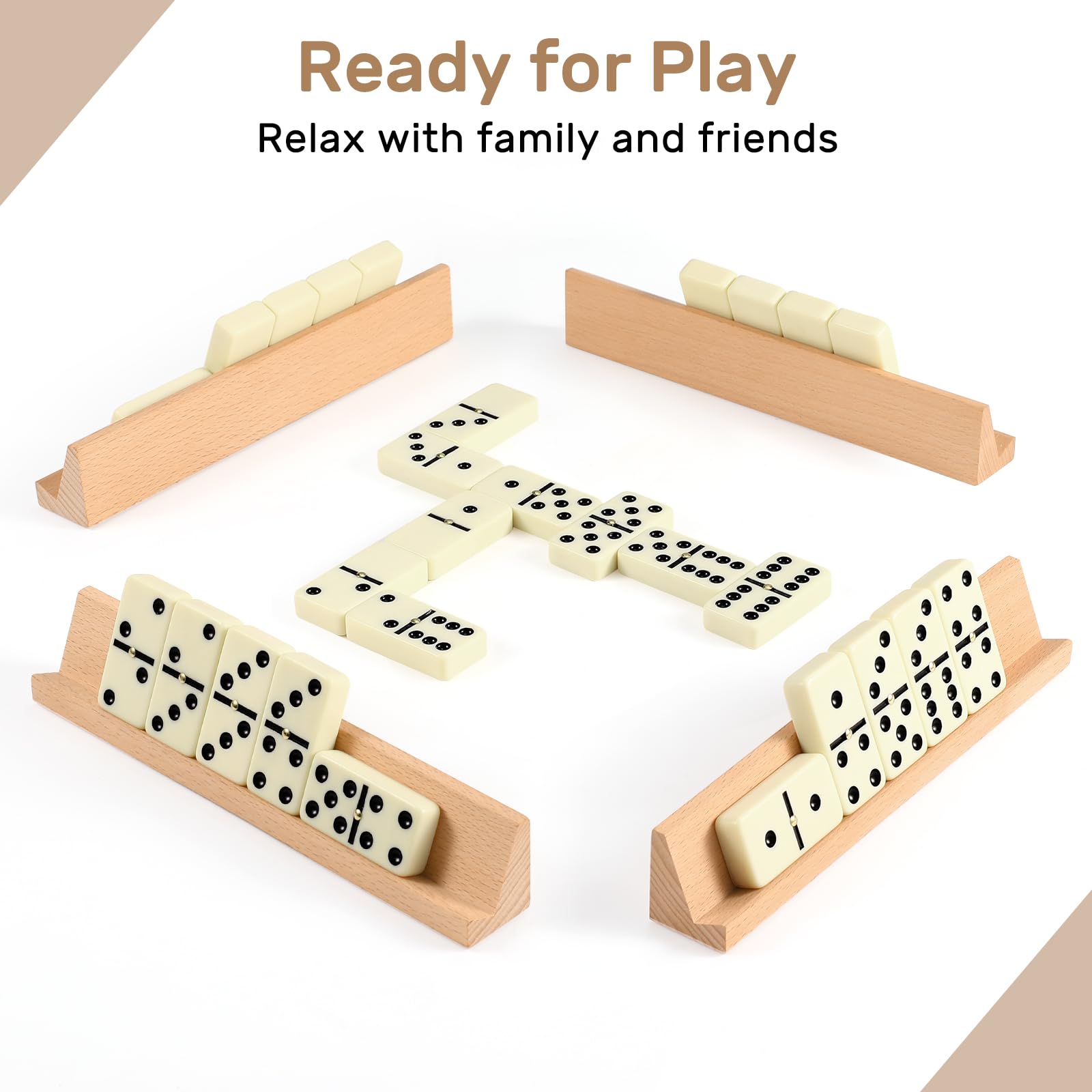 four beech wooden racks holding seven tiles each