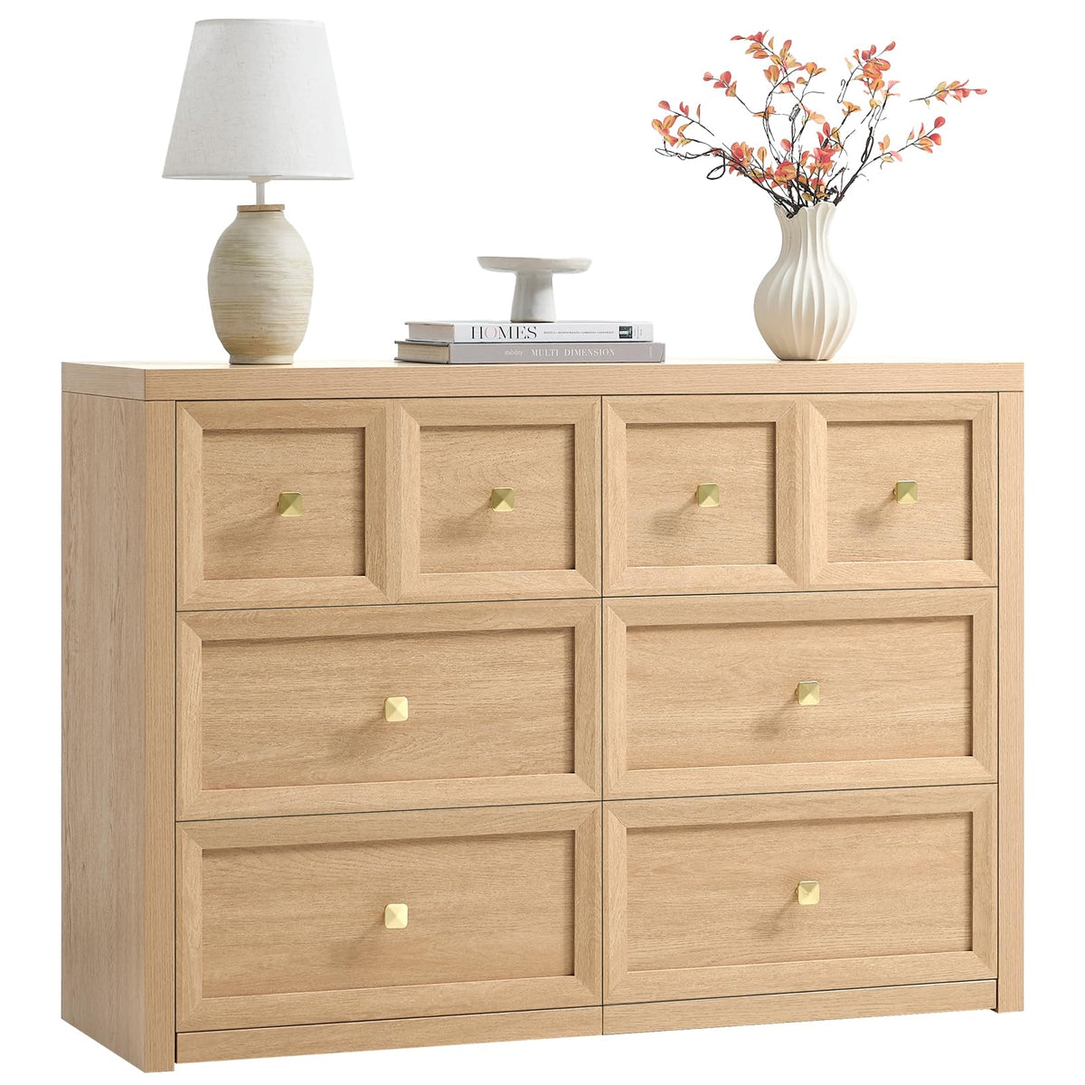 UZUXNUX 6 drawers dresser front view in Natural Oak