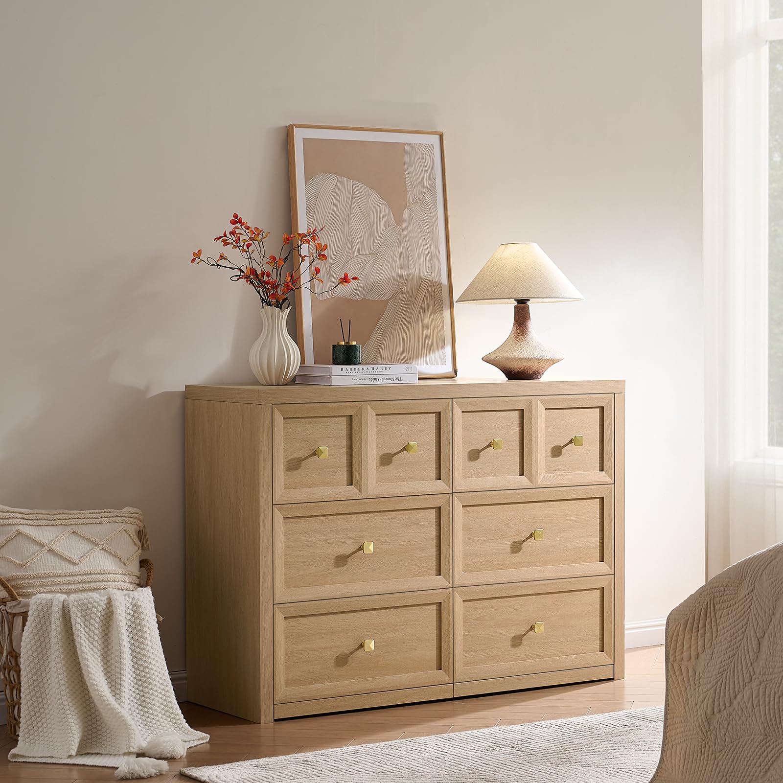 Bedroom setup showing UZUXNUX dresser with six drawers