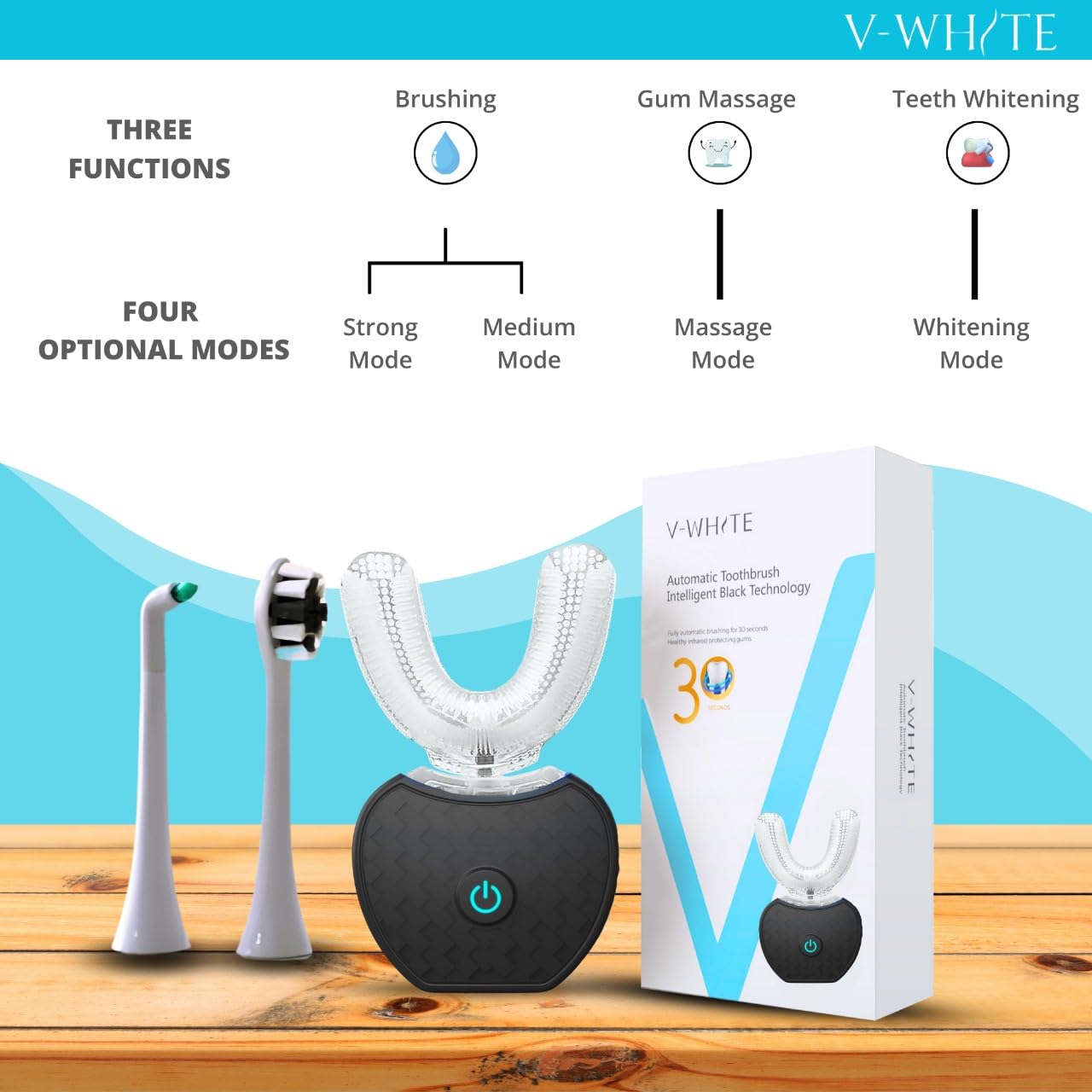 Box contents including handle head dock and manual for V-WHITE toothbrush
