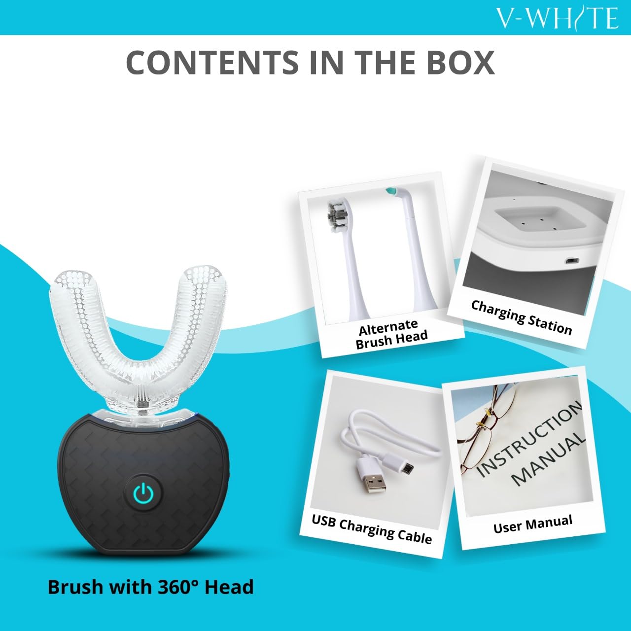LED blue light whitening feature on V-WHITE toothbrush