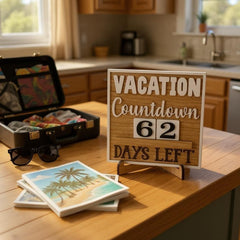 Freestanding vacation countdown wood sign with stand for desk or shelf