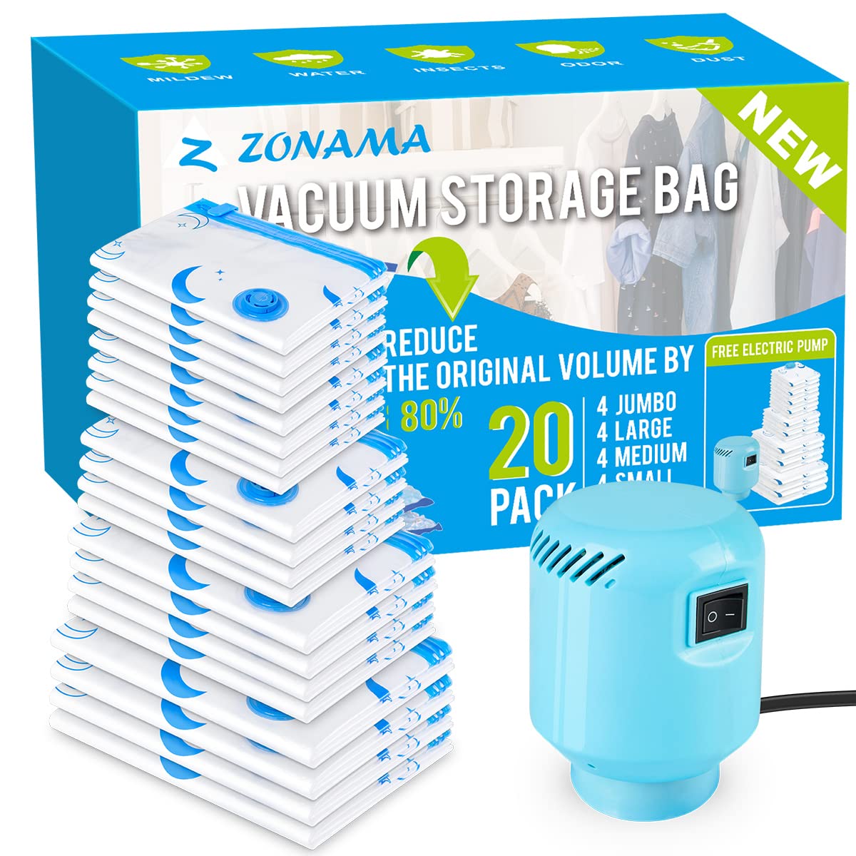 Vacuum storage bags set with electric air pump 20 pack showing multiple sizes