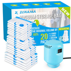 Vacuum storage bags set with electric air pump 20 pack showing multiple sizes
