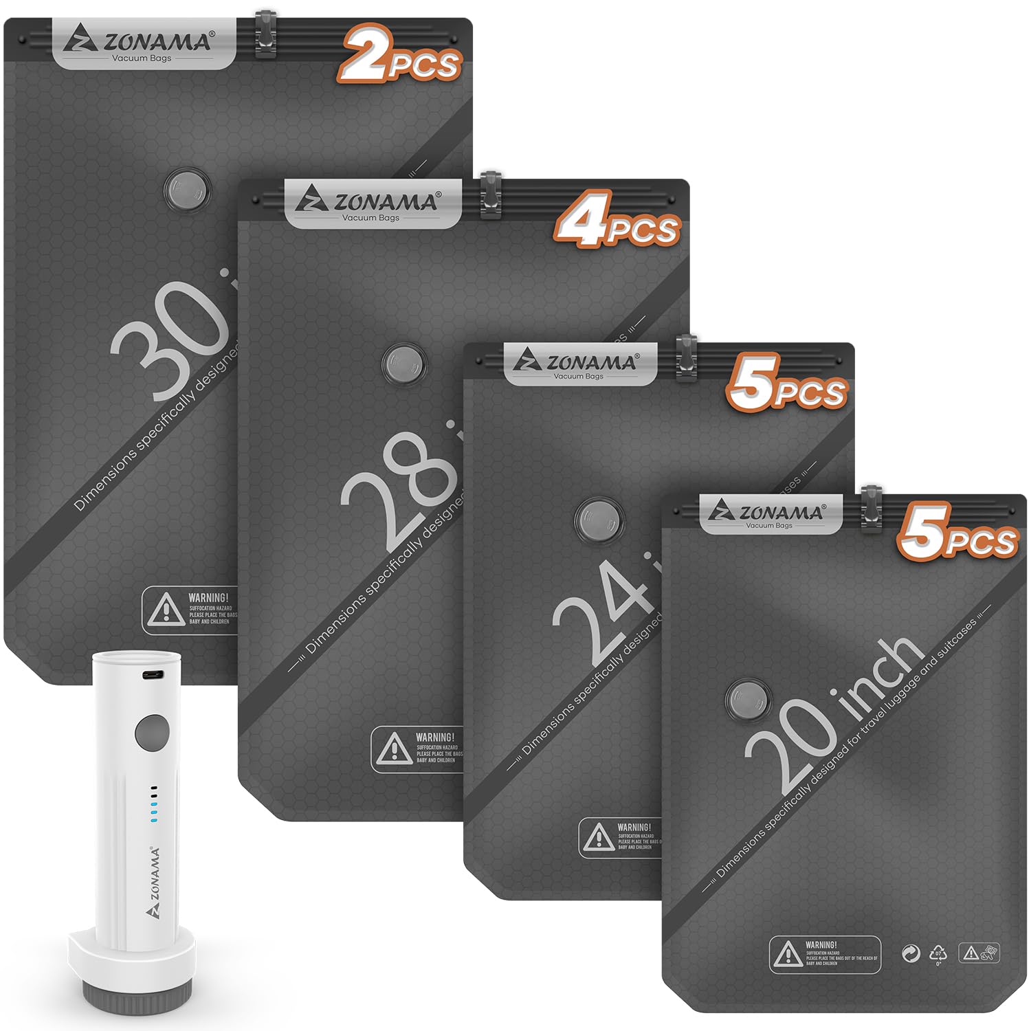 Vacuum storage bags travel set with 16 pack and four sizes