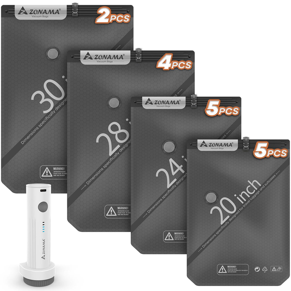Vacuum storage bags travel set with 16 pack and four sizes