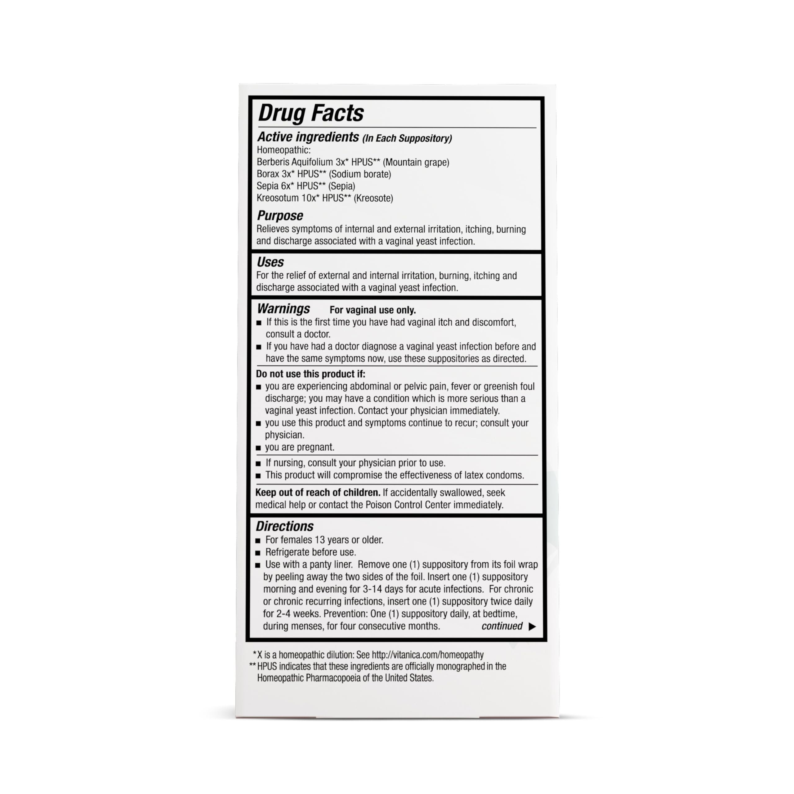 Vitanica Yeast Arrest vaginal suppositories foil wrapped for sterile use