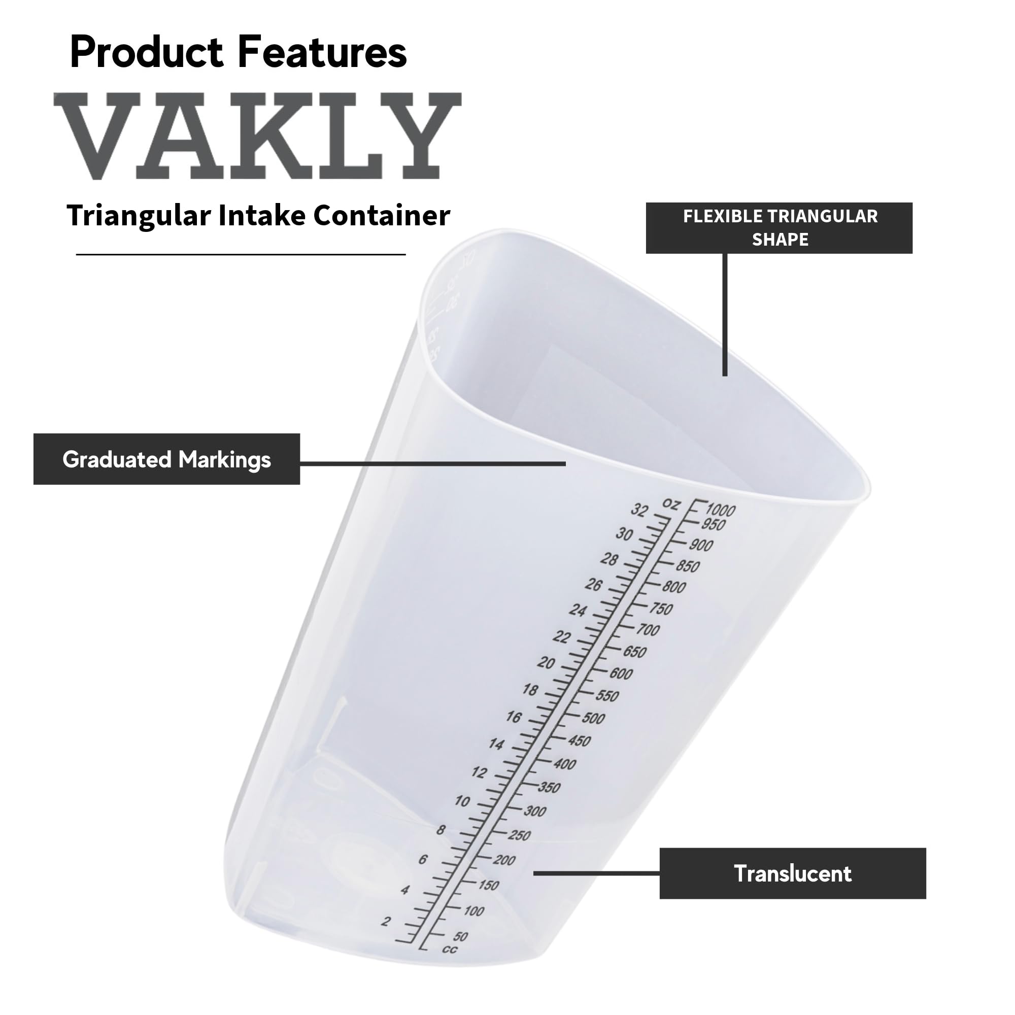 Triangular intake output container 32 oz with oz and cc marks