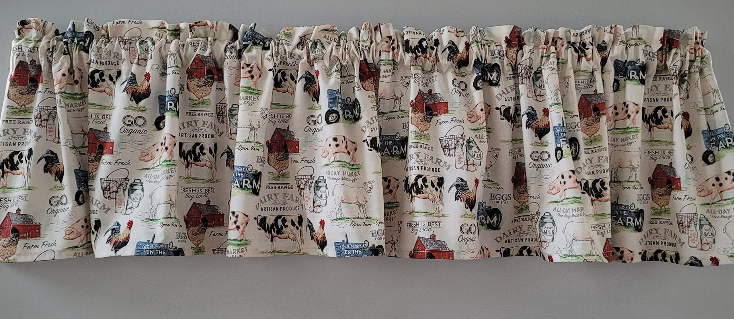 Valance dimensions 41-42in wide 15in long with 1in ruffle and 2in rod pocket