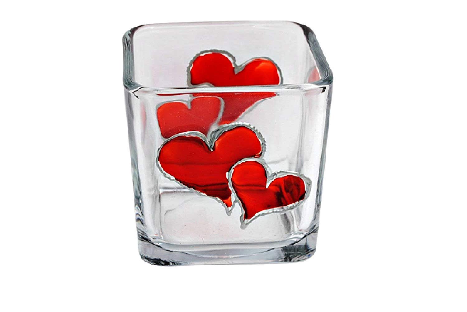 Valentine double red hearts hand painted stained glass candle holder