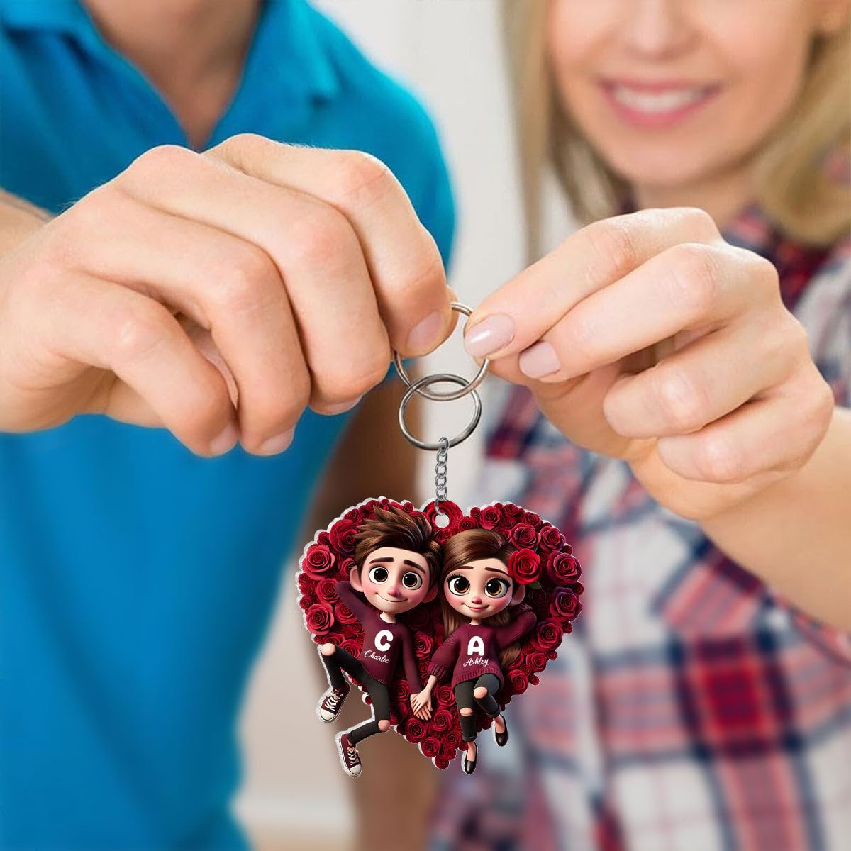 Customization ready keychain for rose heart couple