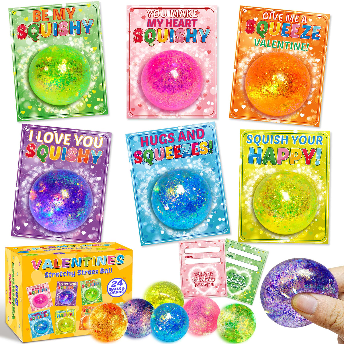Valentines Day gifts for kids classroom set with cards and stress balls