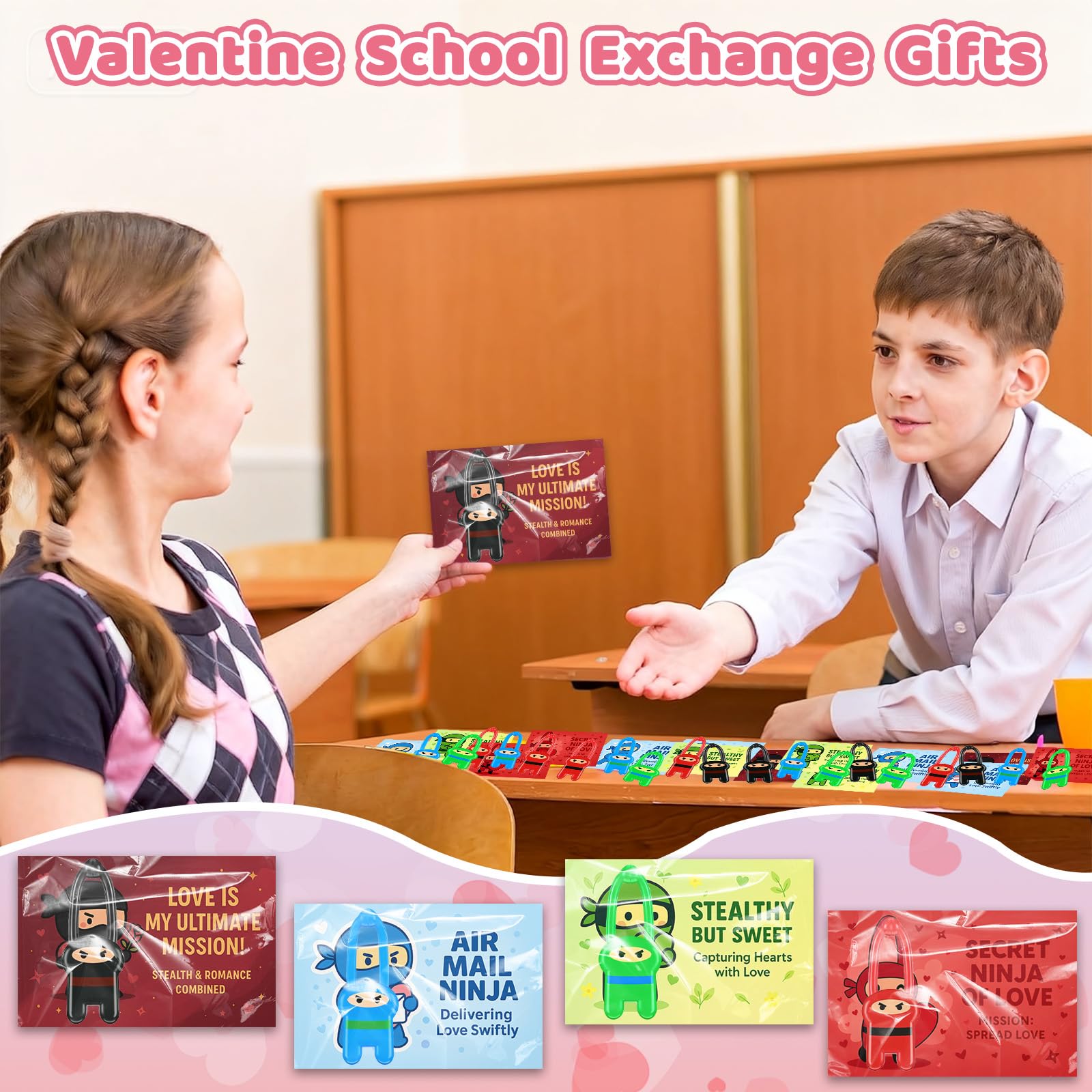 Valentine's Day classroom gifts with ninja cards for school