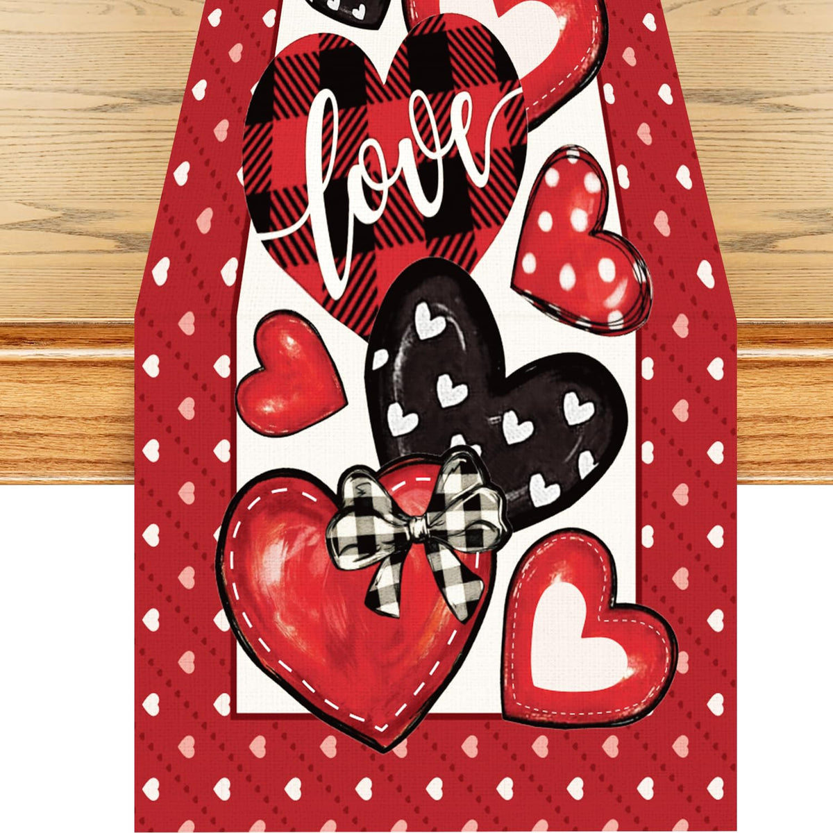 Valentines Day Table Runner red and black hearts buffalo plaid 72 x 13