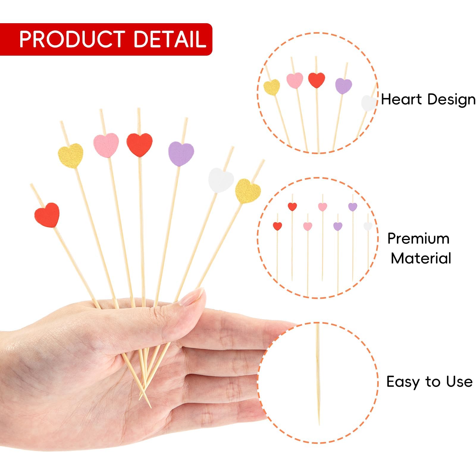 Valentines day heart design cocktail sticks in red pink purple white gold