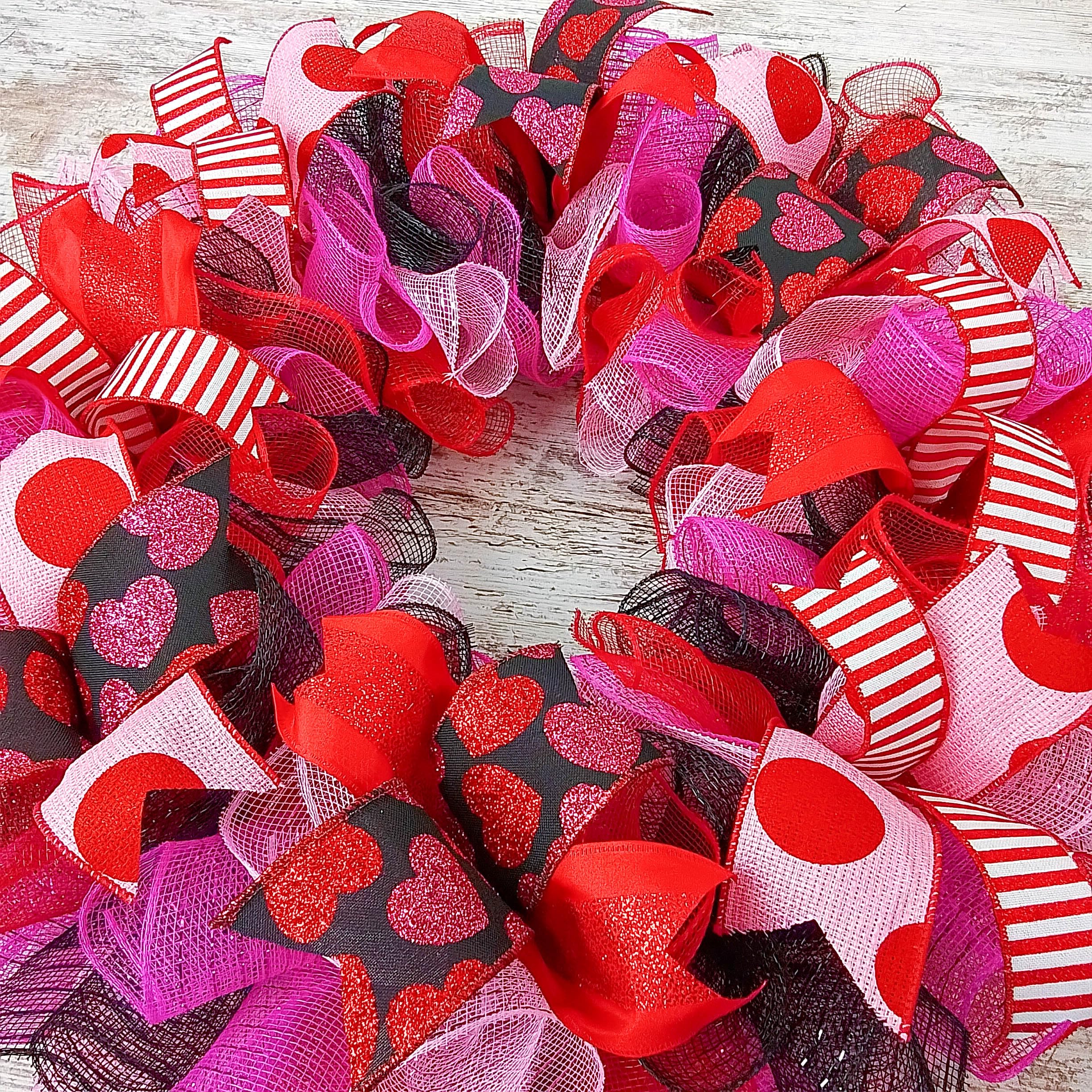 Valentines Mesh Door Wreath V6 with coordinating ribbons