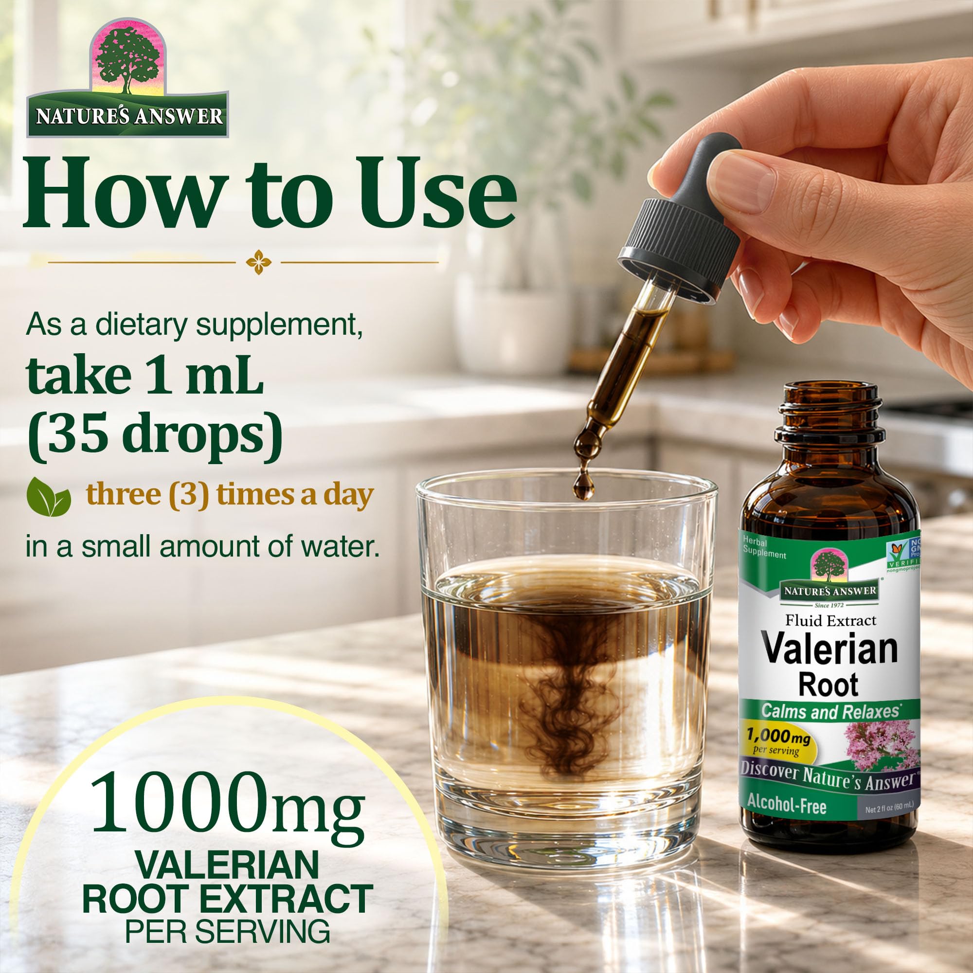 Valerian root extract packaging with dropper for dosing