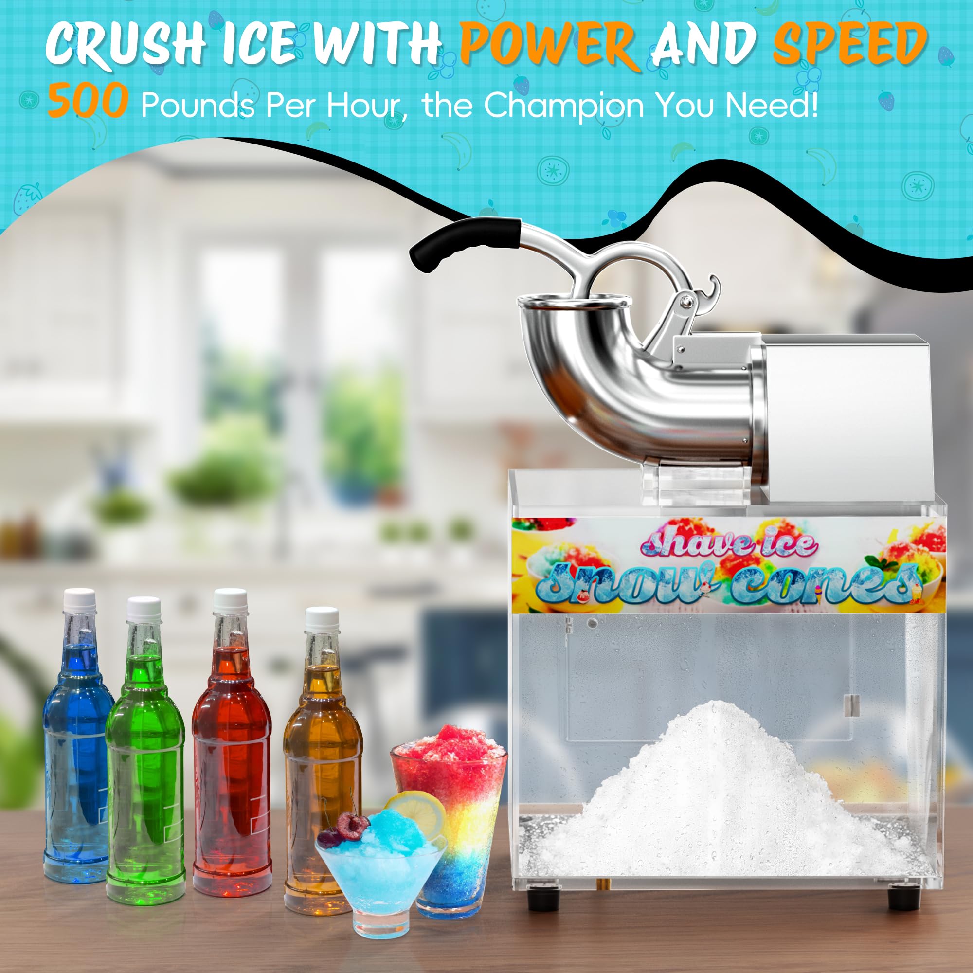 Commercial shaved ice machine handling up to 500LB/H