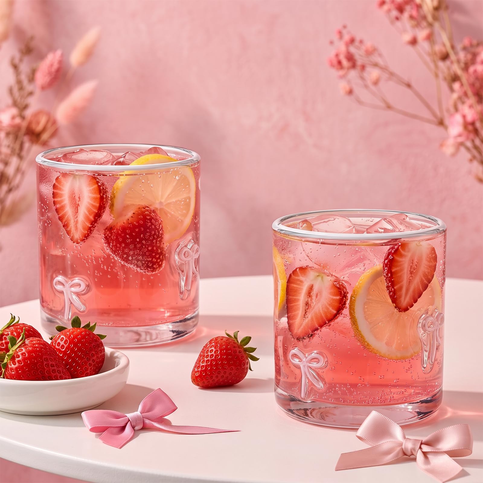 Two glass straws with tiny pink bows Goaste cups