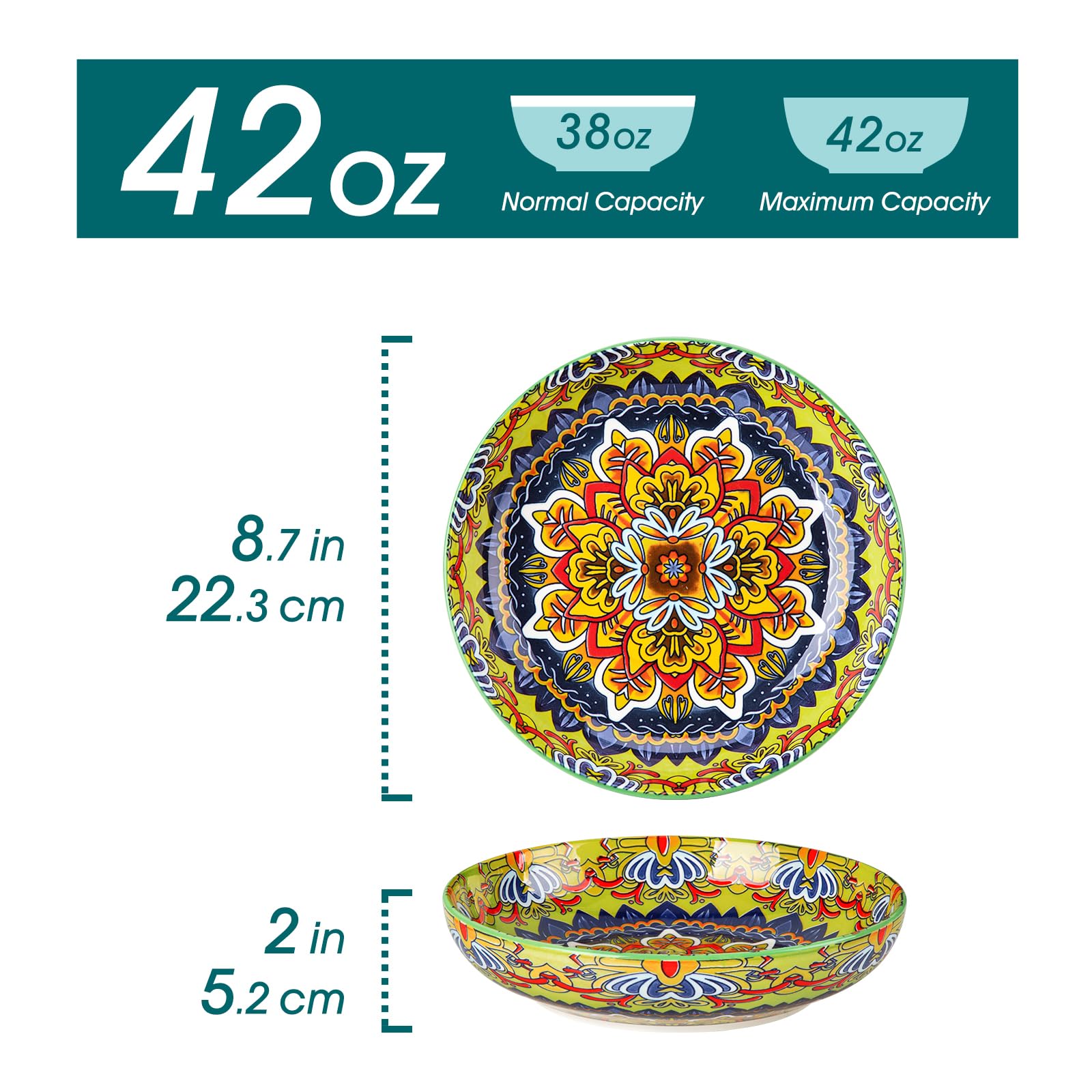 8-7 inch wide pasta bowls with vibrant ceramic design