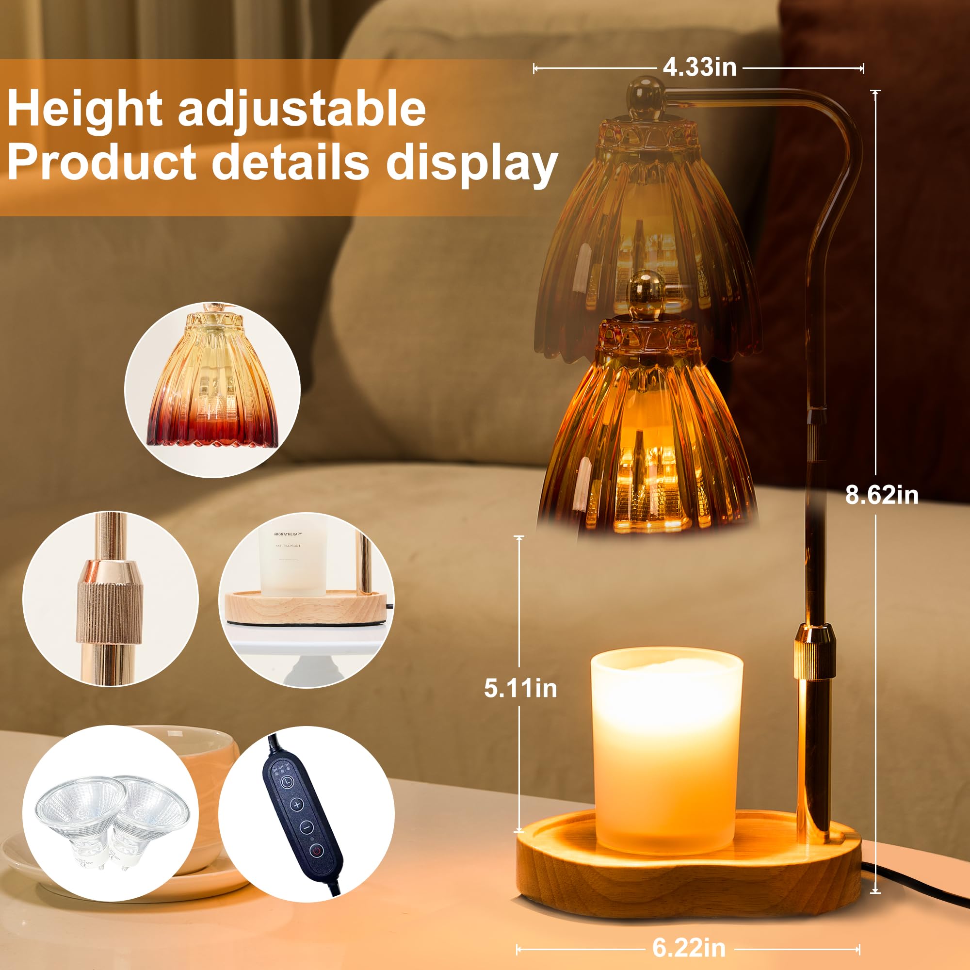 wooden base metal bracket glass shade candle warmer close up
