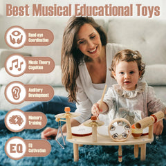 Six instrument set includes drums triangle maracas wood sounder hand bells cymbals