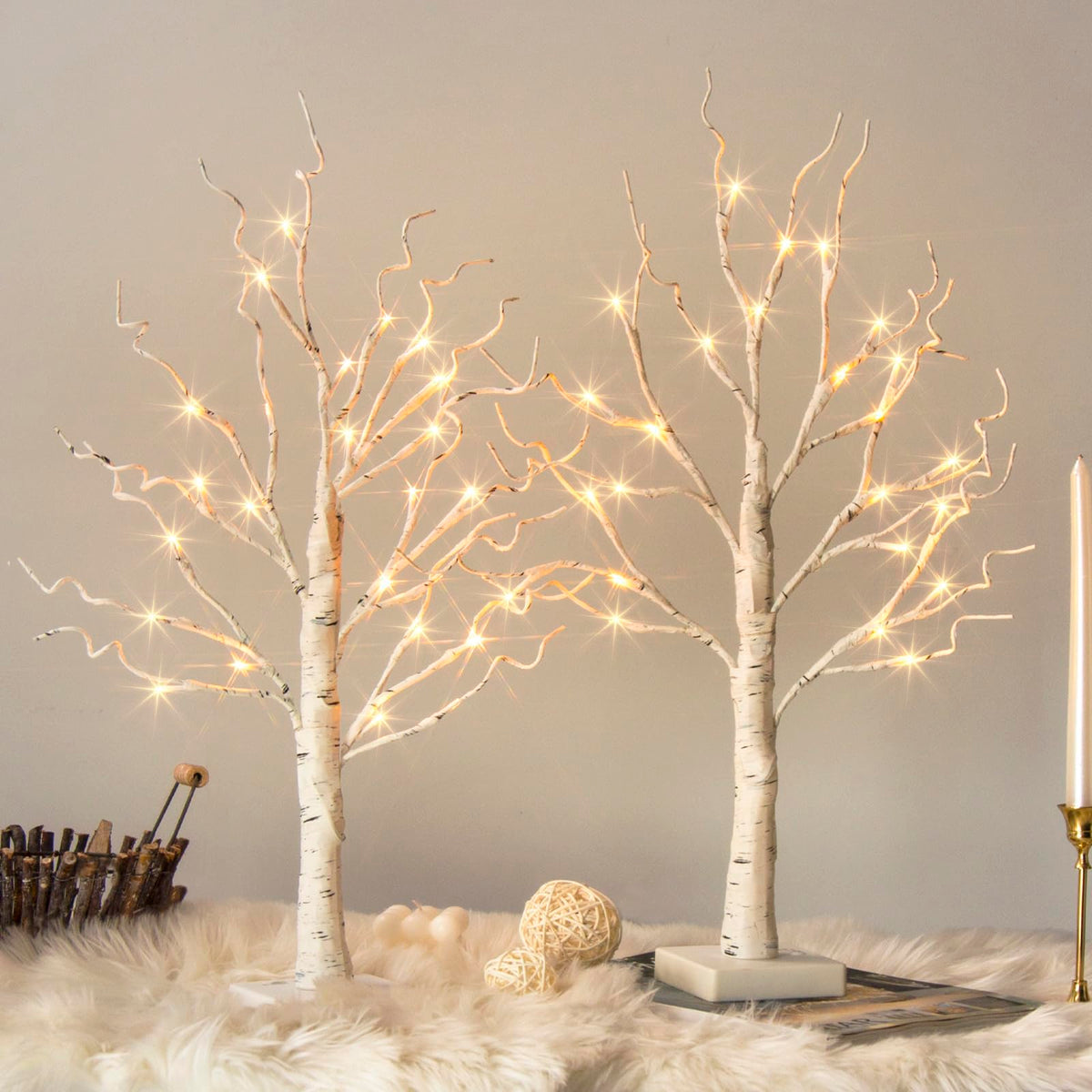 Vanthylit white birch tree with 24 warm white LEDs set of 2