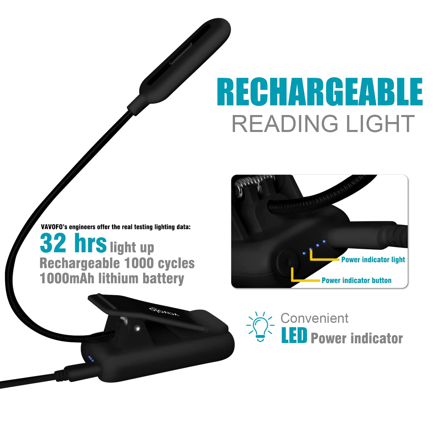 USB rechargeable reading lamp with 1000mAh battery indicator