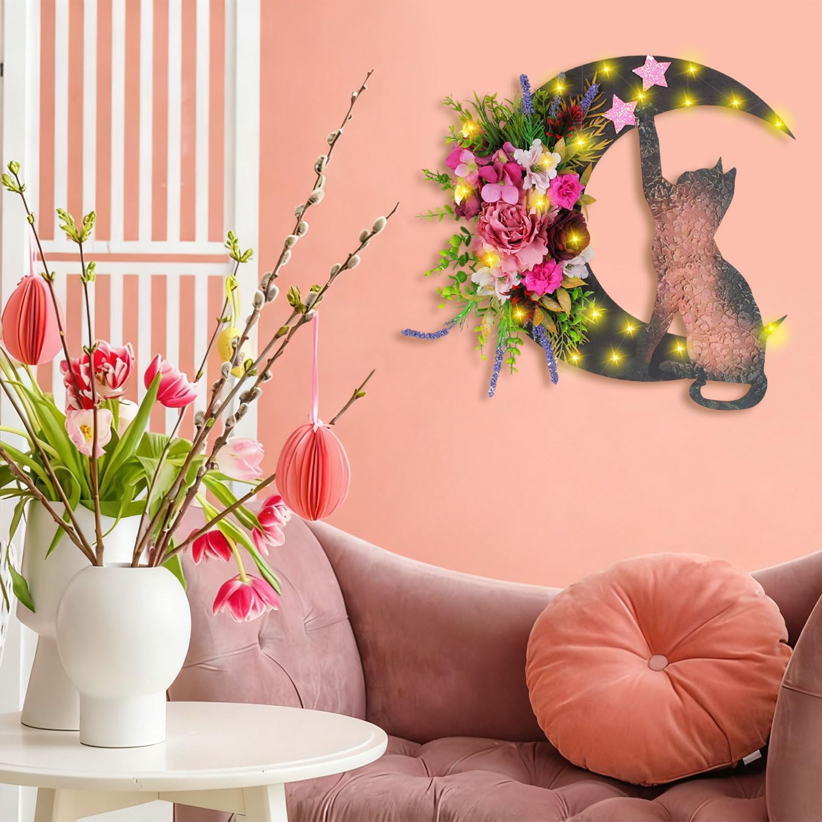 Moon cat crescent motif wreath on front door