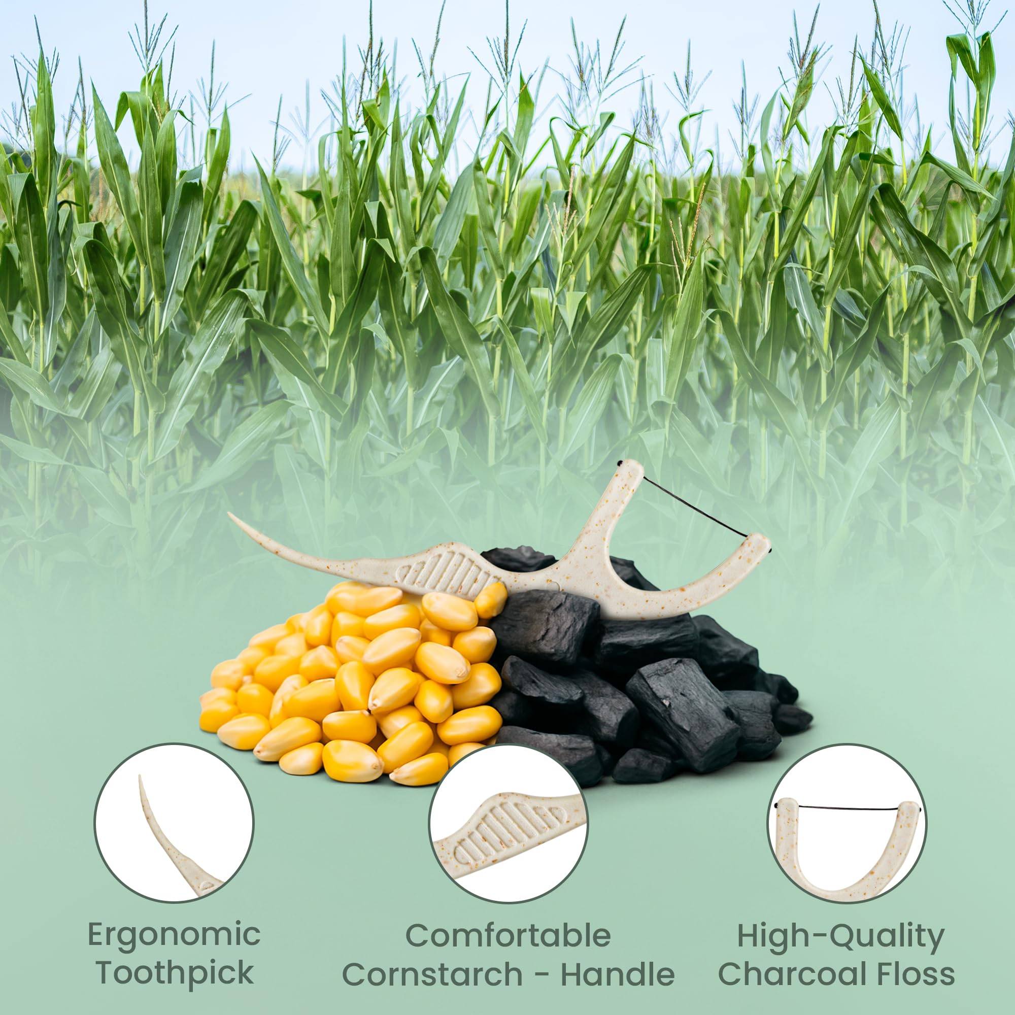 Vegan corn starch handle on dental floss pick