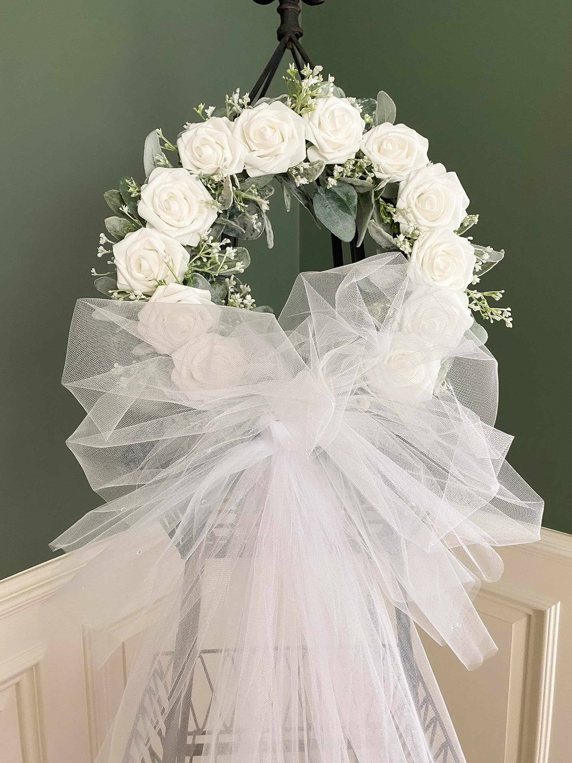 Adjustable veil length on wreath for door or wall display