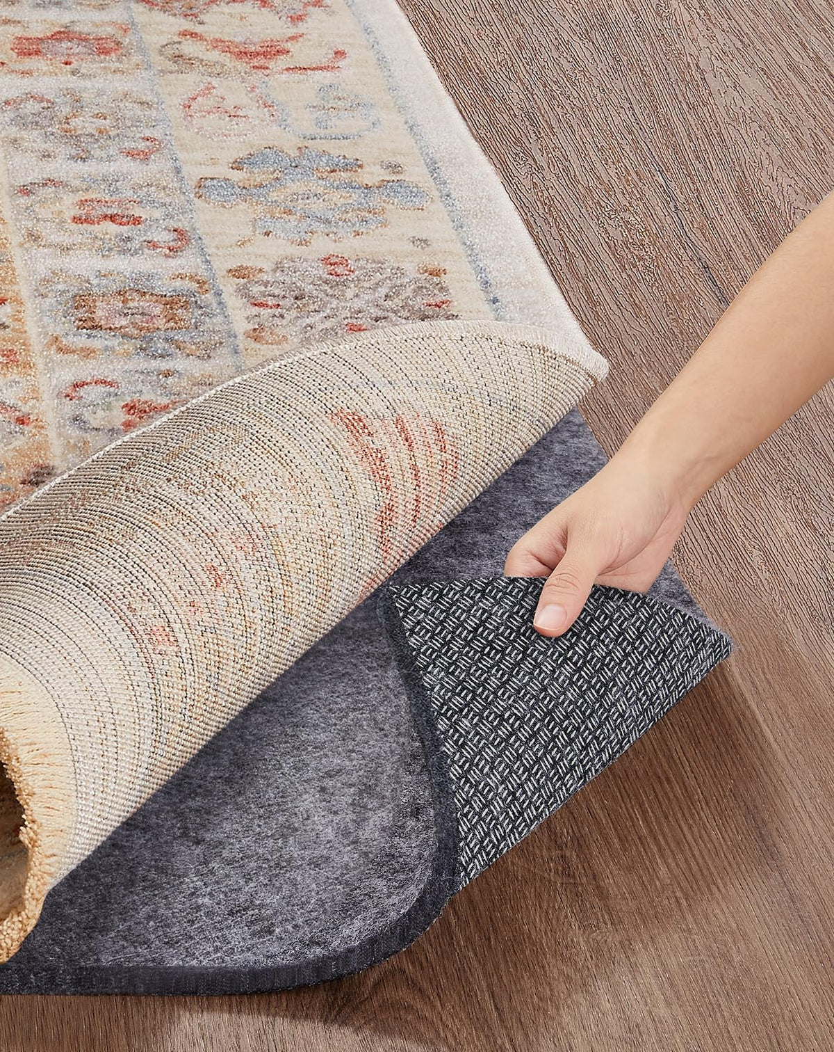 Veken rug pad gripper with felt and silicone backing on hardwood floor
