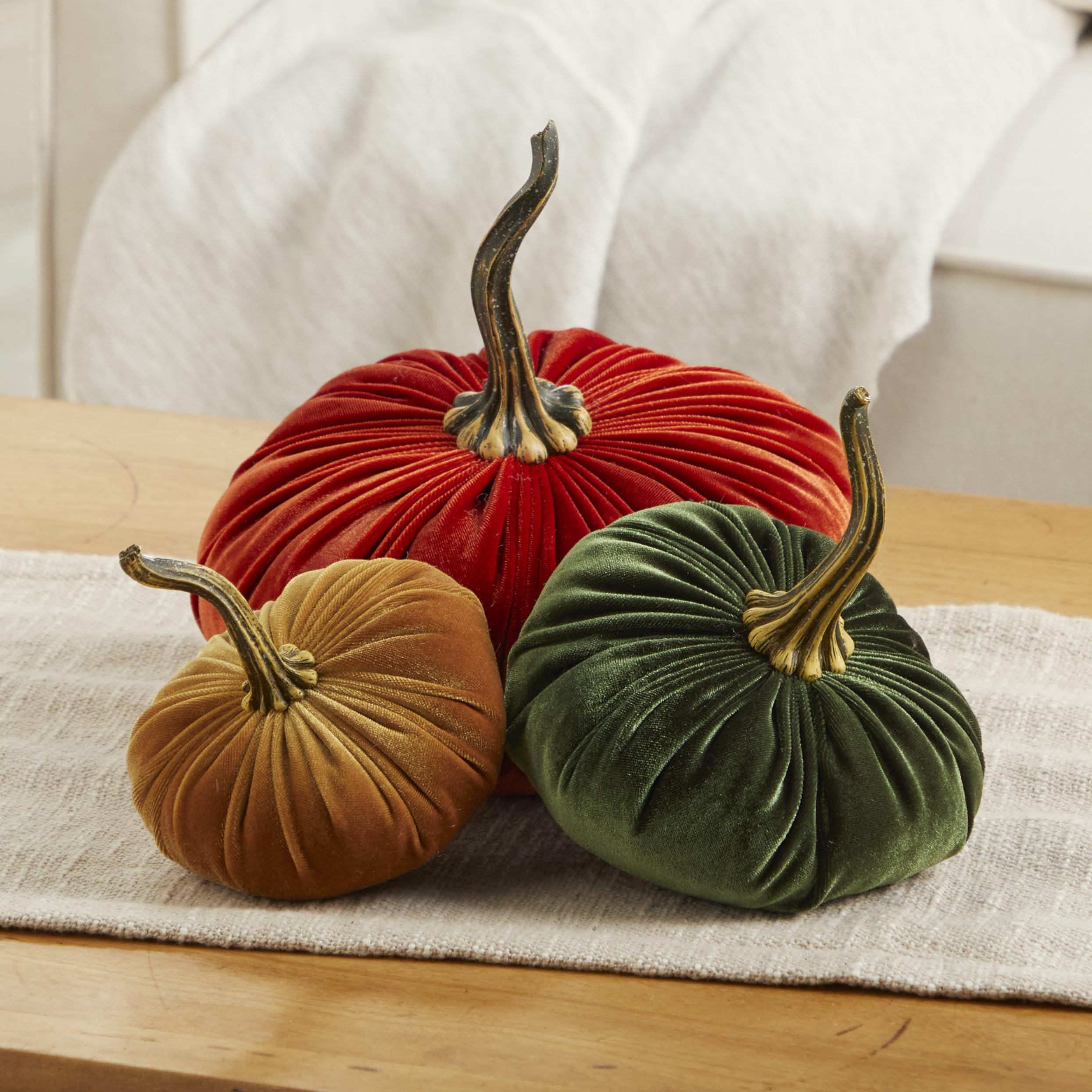 Three velvet pumpkins in Rust Olive Gold for fall decor