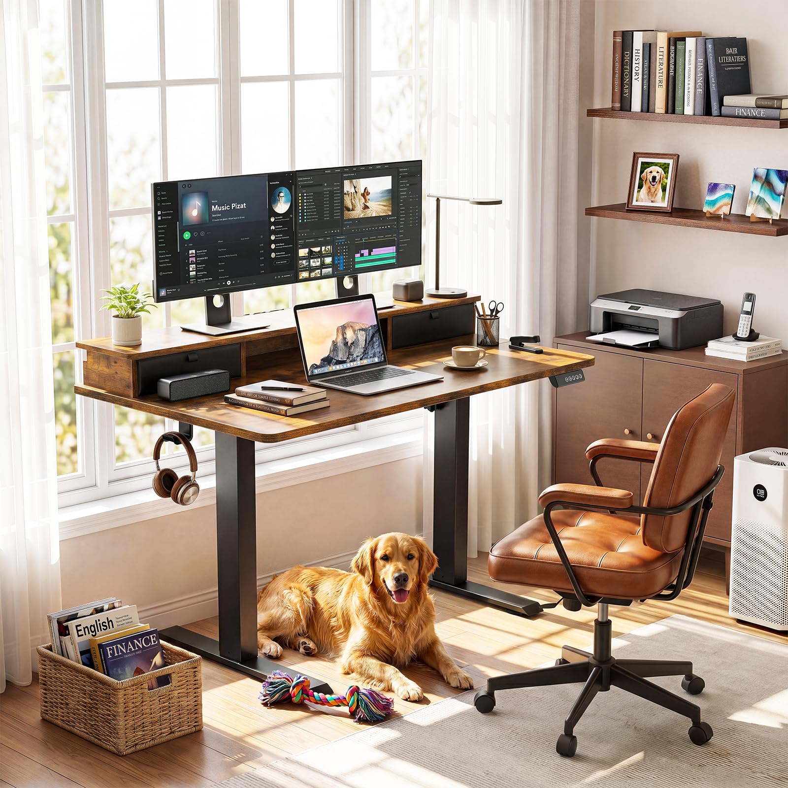 Two-tier desk with monitor shelf for ergonomic setup