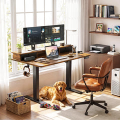 Two-tier desk with monitor shelf for ergonomic setup