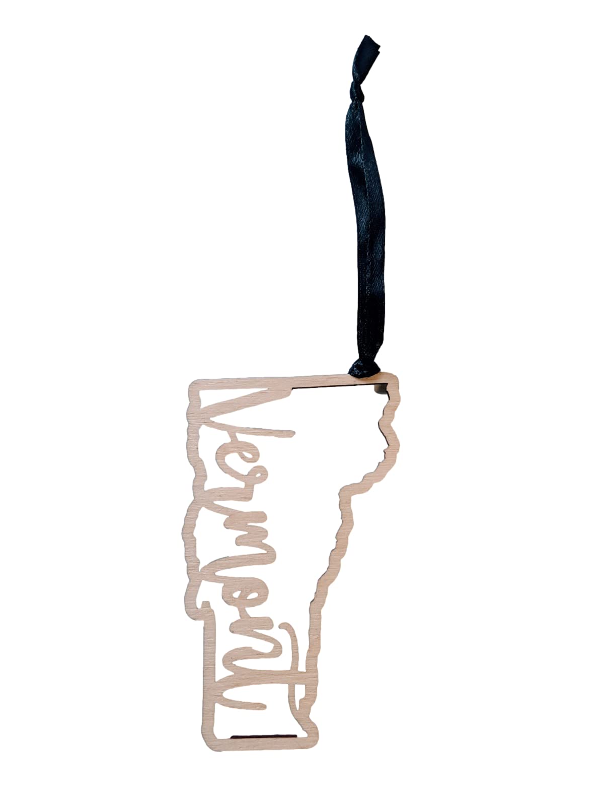 Vermont Christmas Ornament rustic wood state silhouette with black ribbon