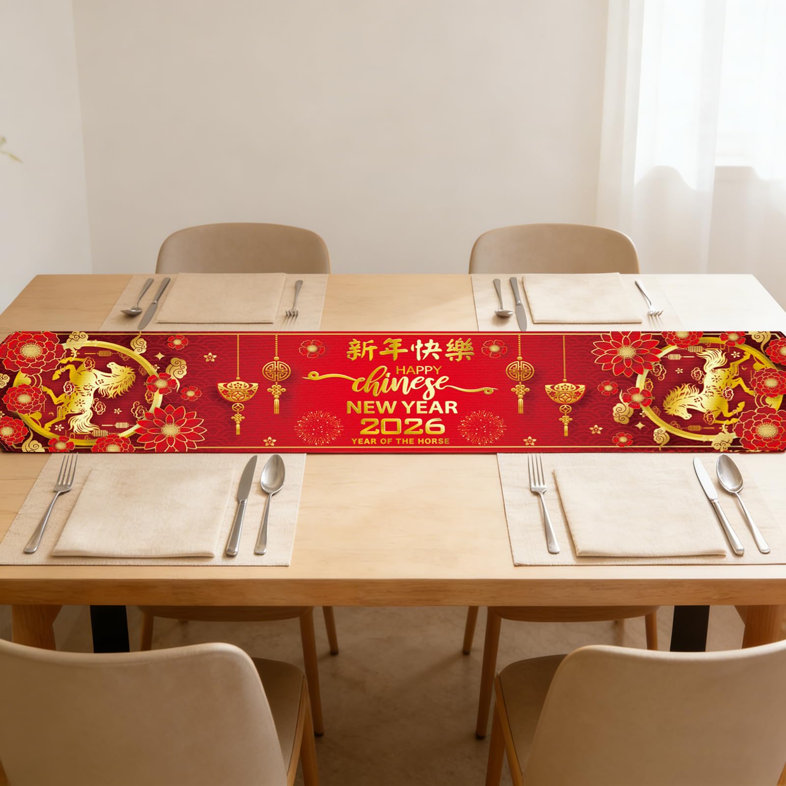 Happy New Year blessing on Chinese New Year table runner