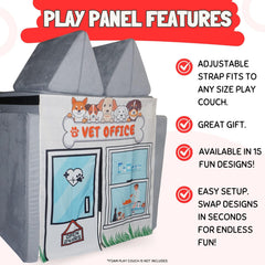 Vet Office play panel attached to kid's couch with adjustable Velcro strap