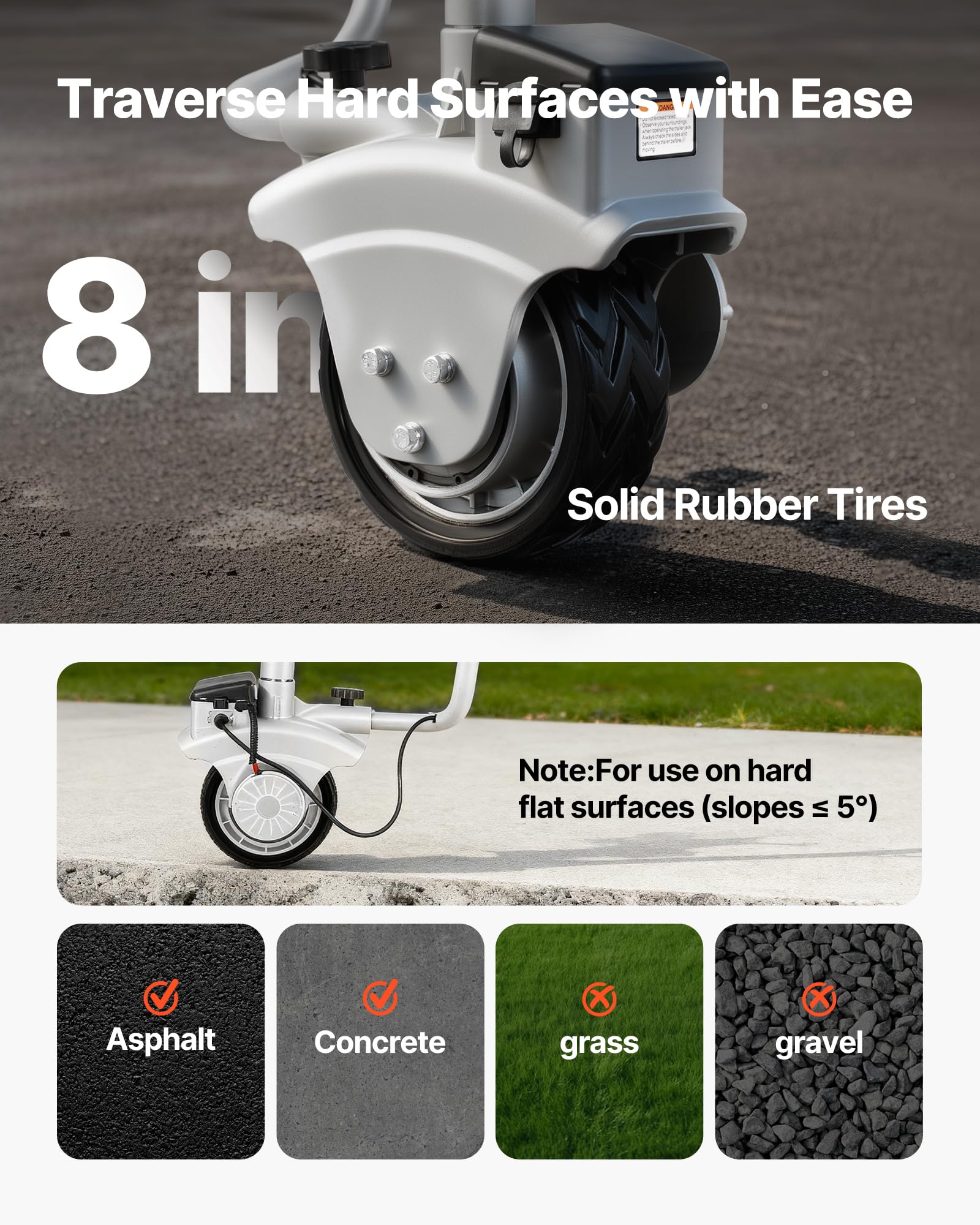 VEVOR Electric Trailer Dolly 8 inch solid tires on pavement