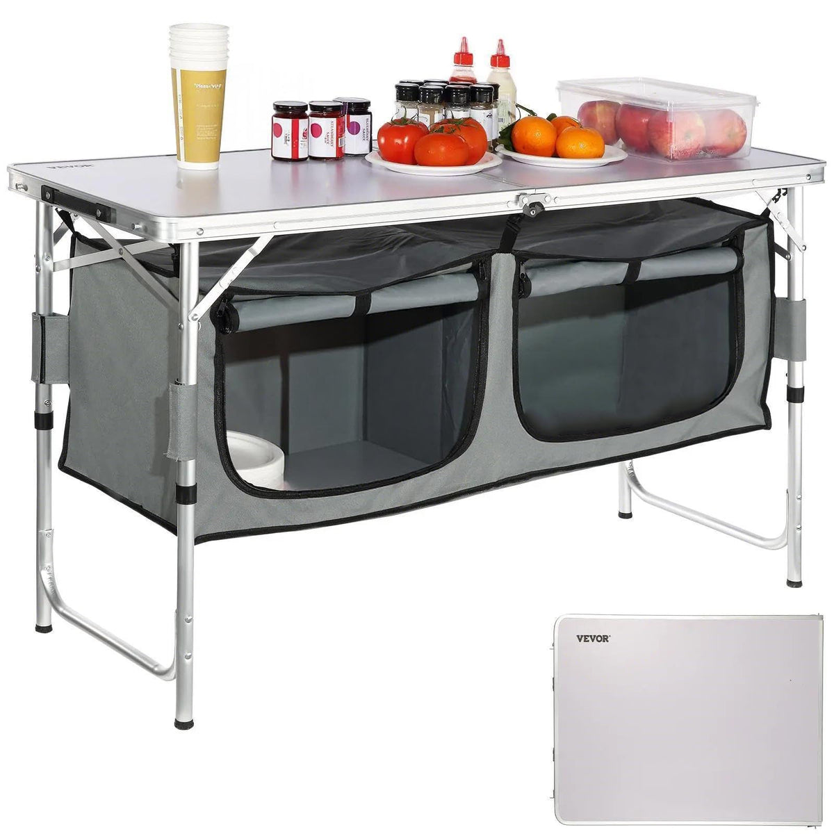 VEVOR Camping Kitchen Station aluminum tabletop with storage shelf