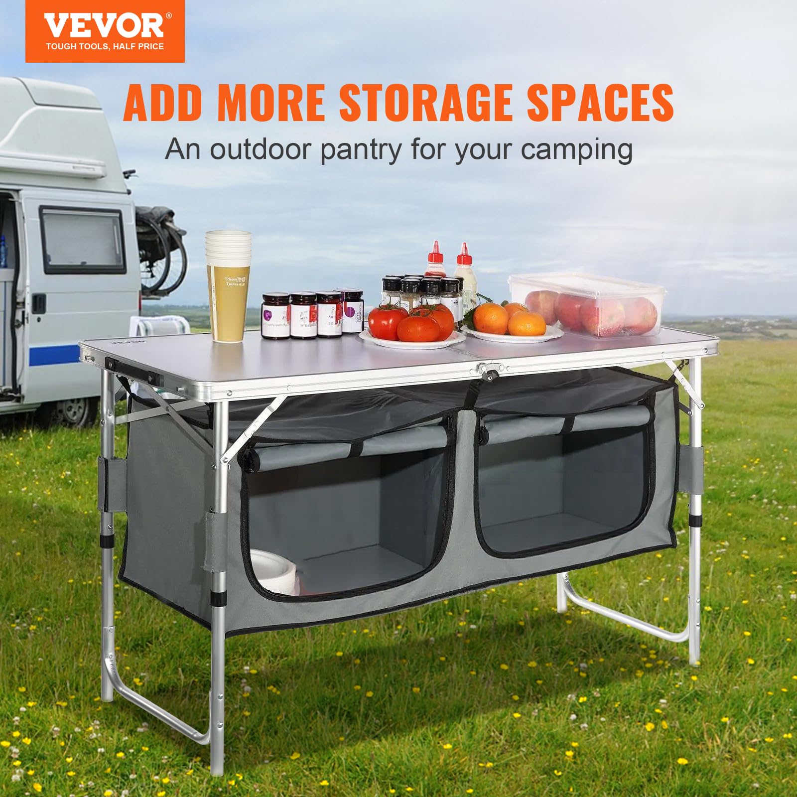 VEVOR camping table with zippered storage compartments and cupholders