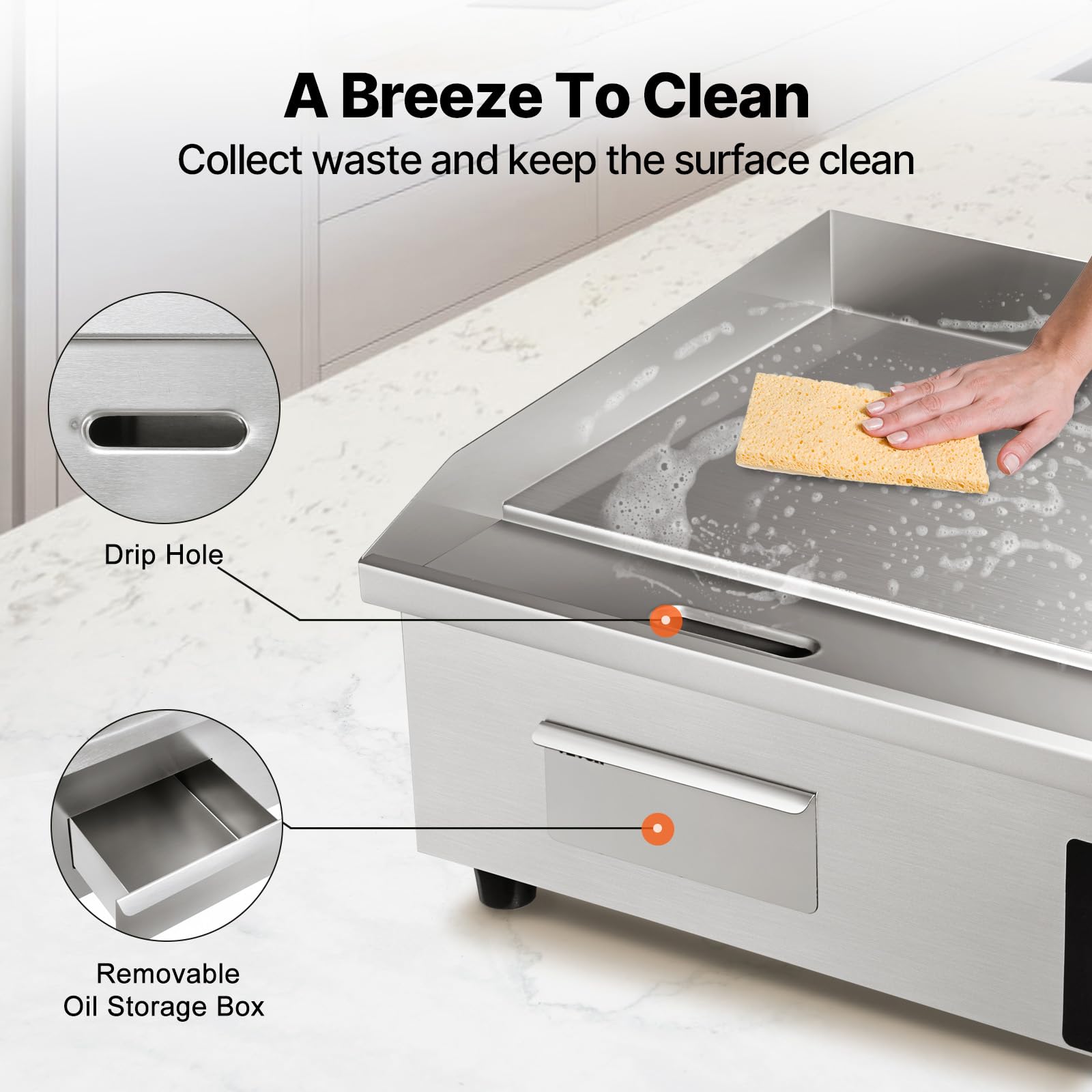 Enlarged drip hole and removable oil box on VEVOR griddle