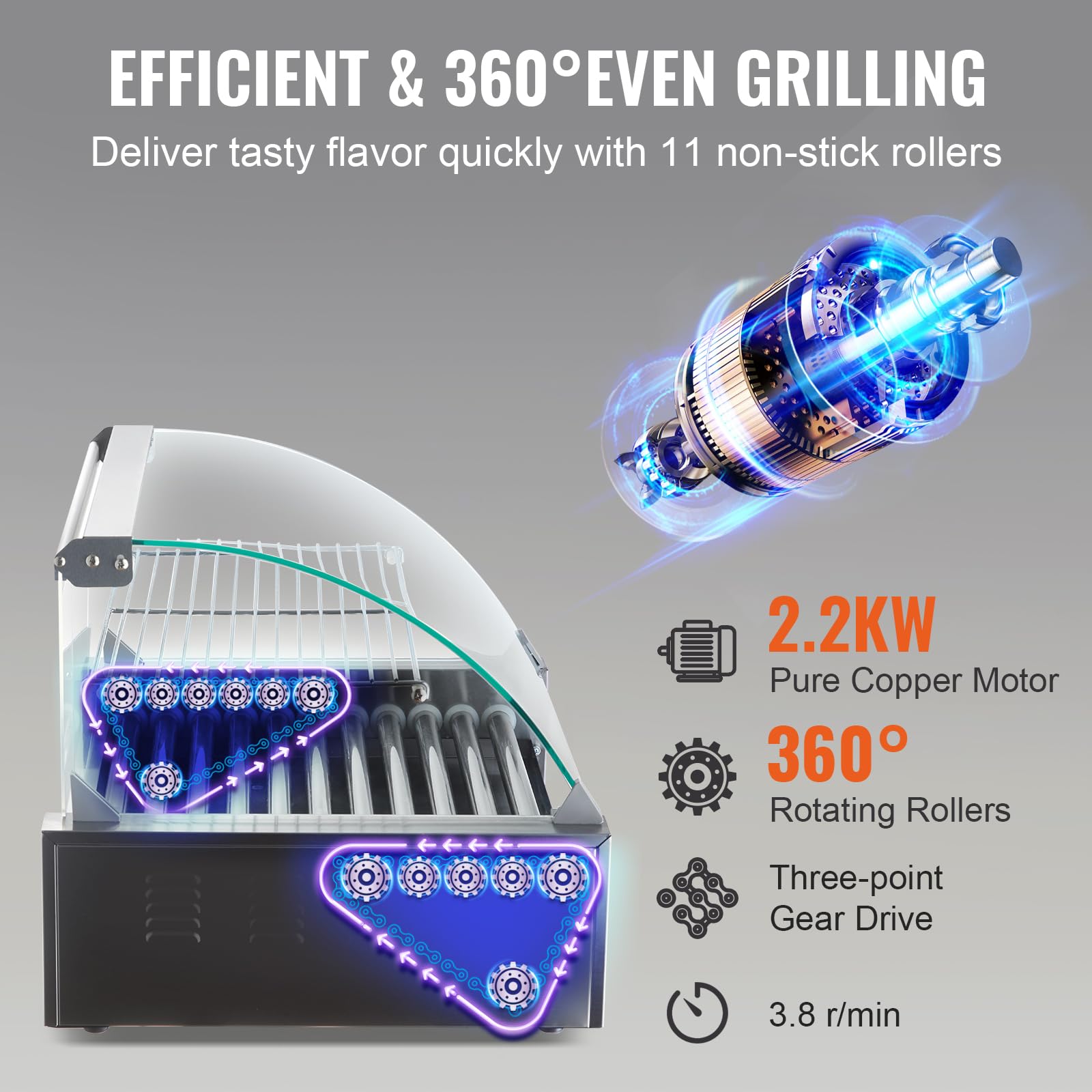 VEVOR hot dog roller stainless steel rollers close-up
